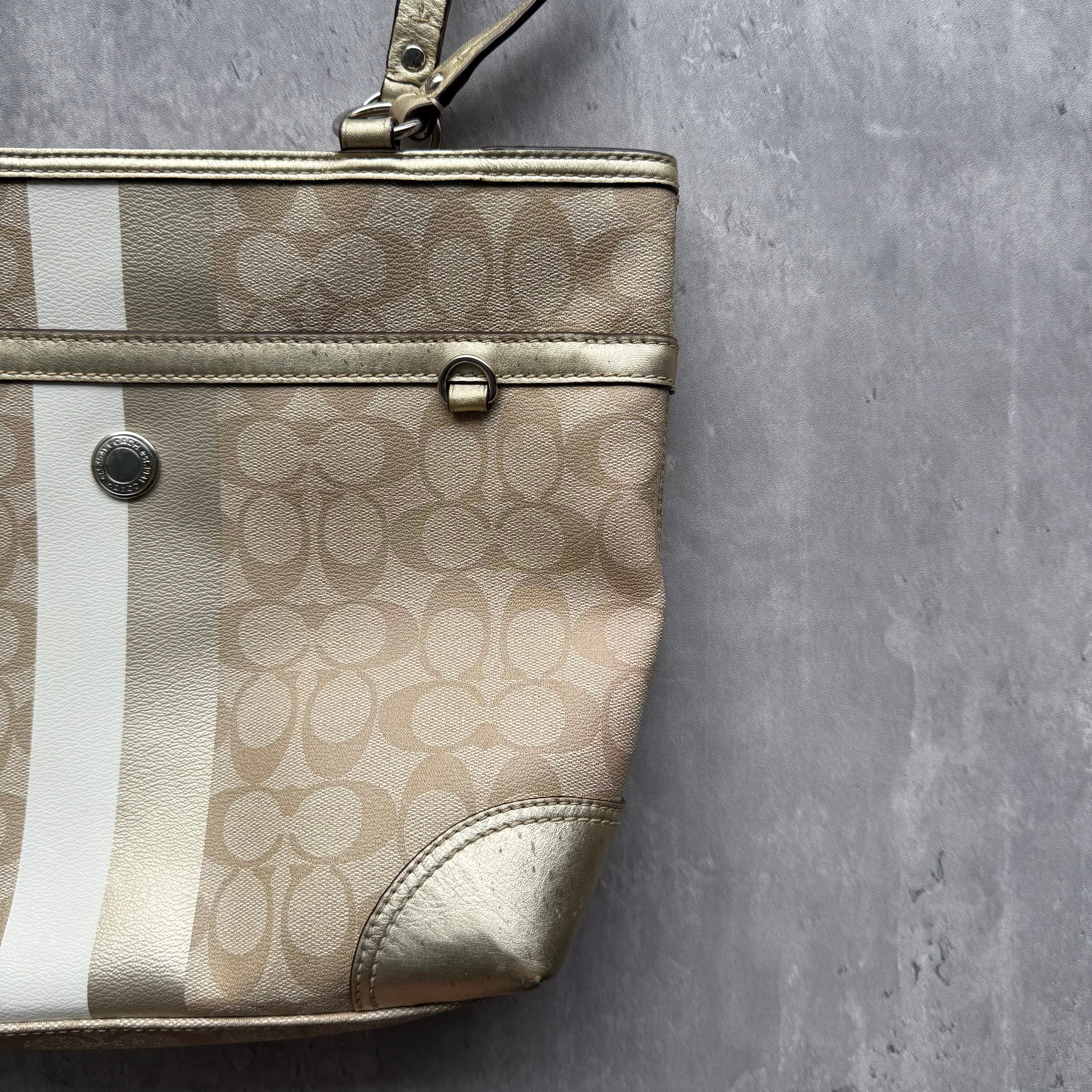 Coach Signature Stripe Tote Bag Beige/Gold