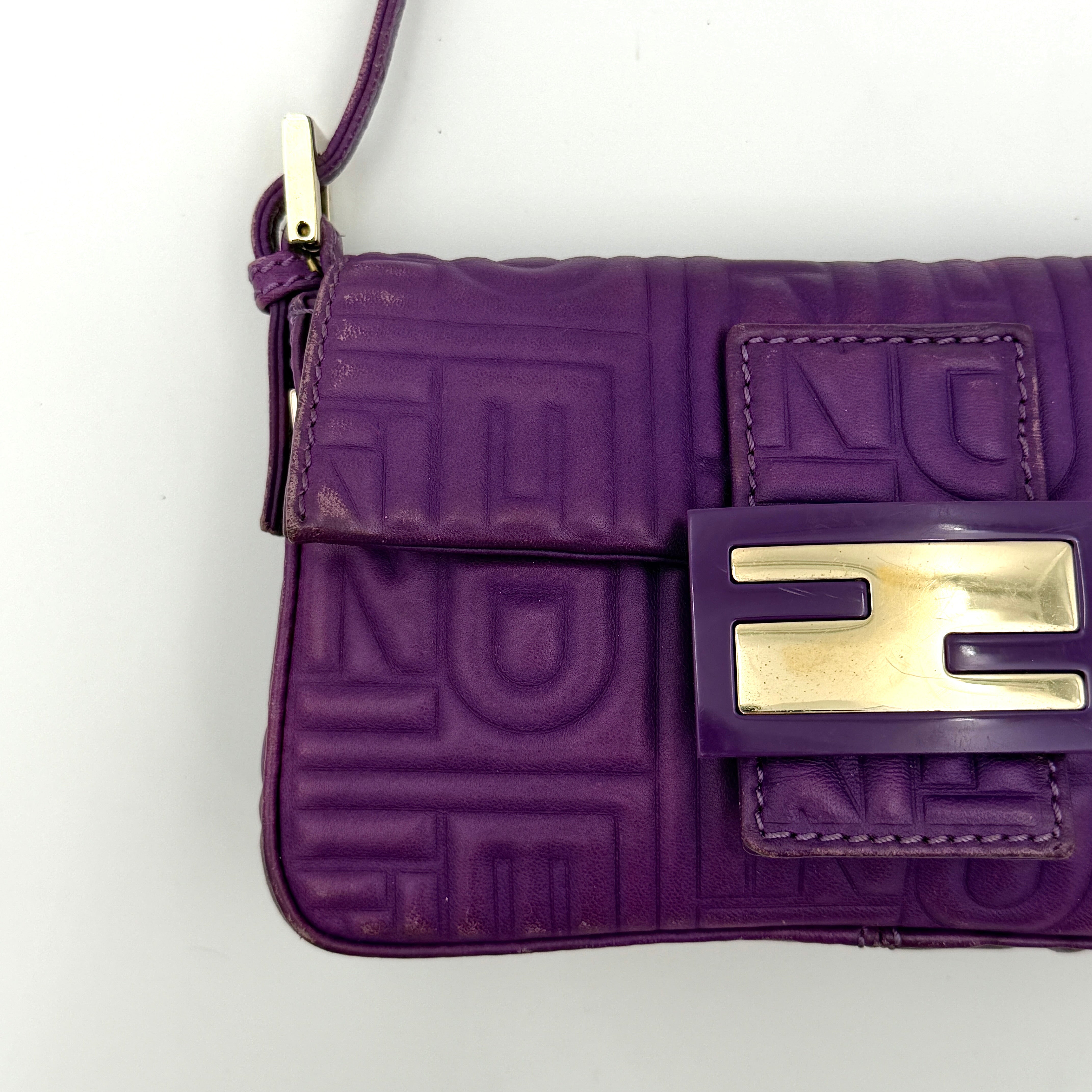Fendi Baguette Embossed Leather Purple Shoulder Bag