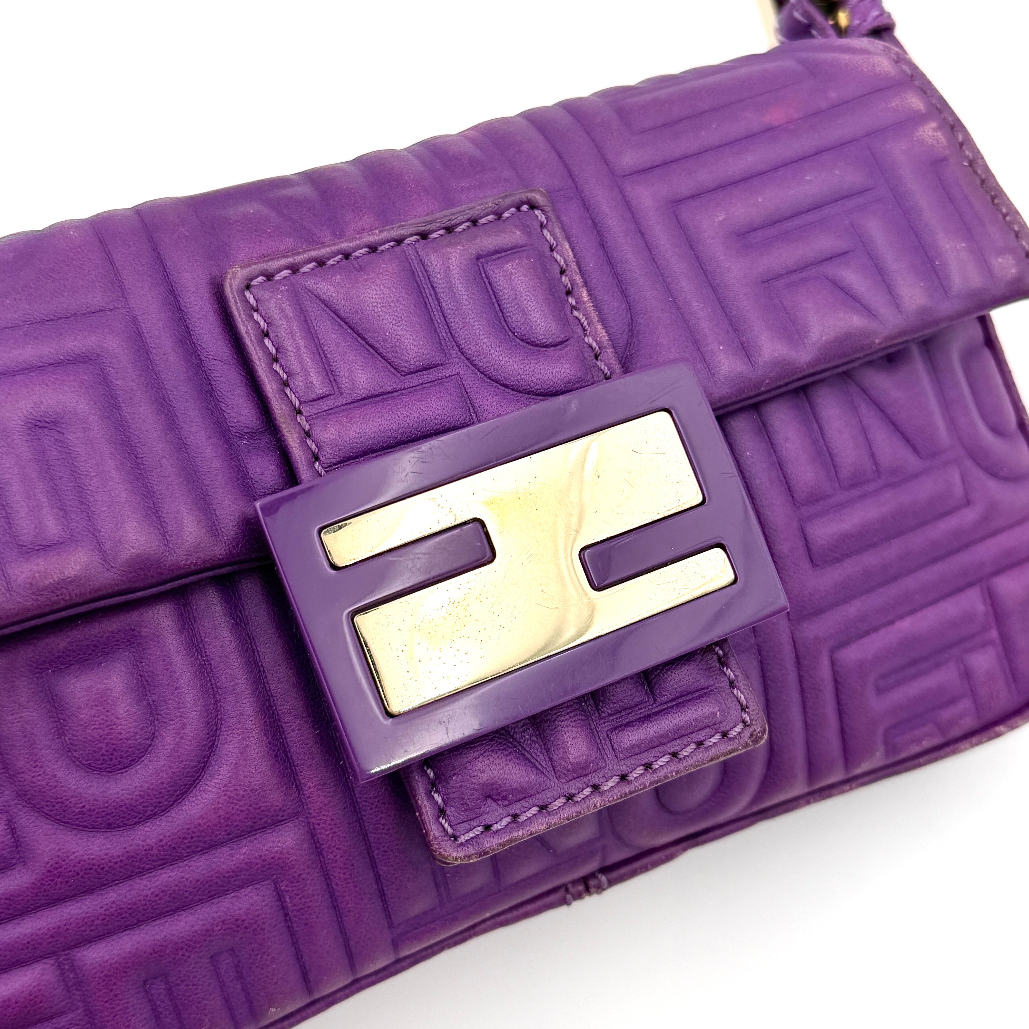 Fendi Baguette Embossed Leather Purple Shoulder Bag
