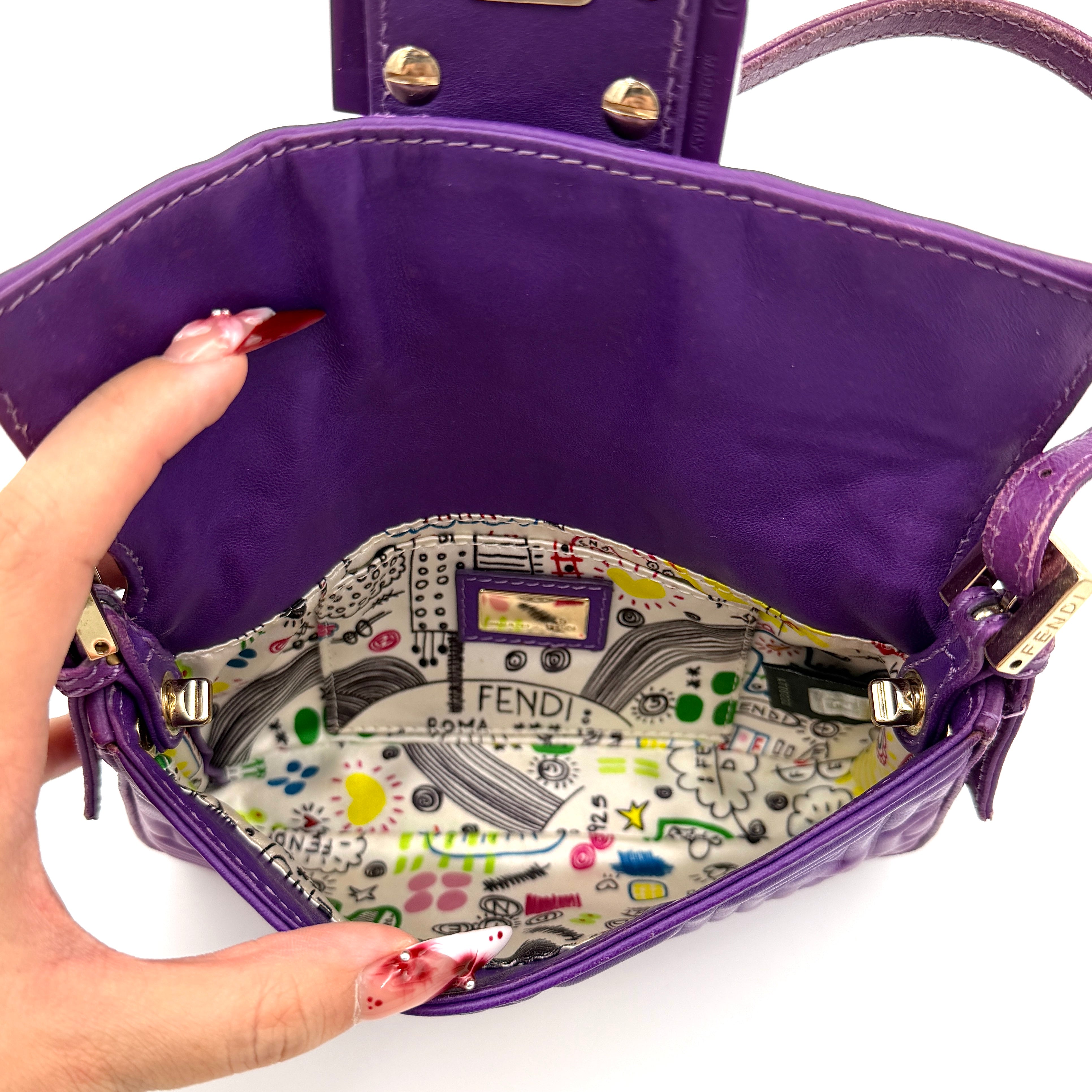 Fendi Baguette Embossed Leather Purple Shoulder Bag