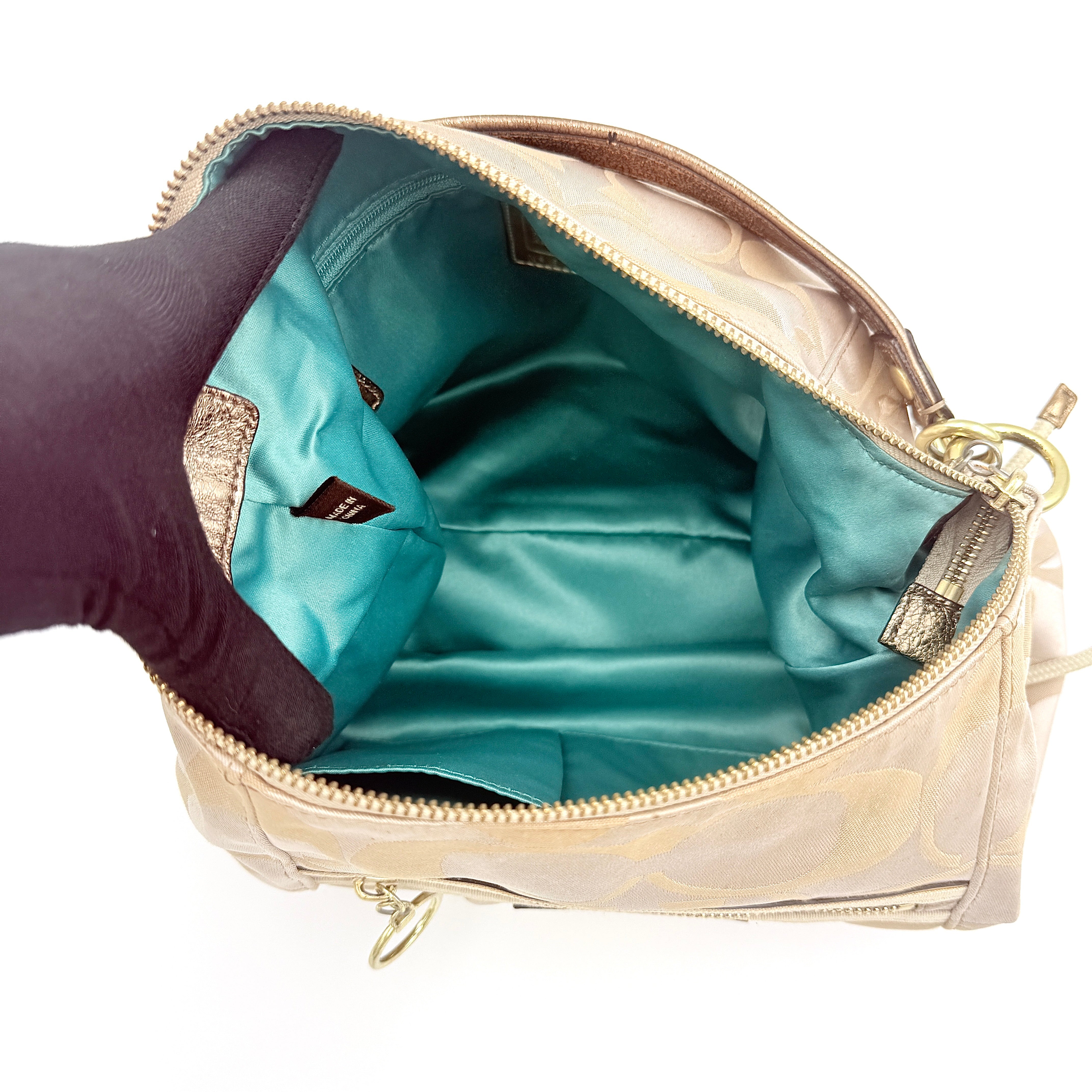 Coach 2Way Signature Poppy Sateen Hobo Shoulder Bag Beige/Gold