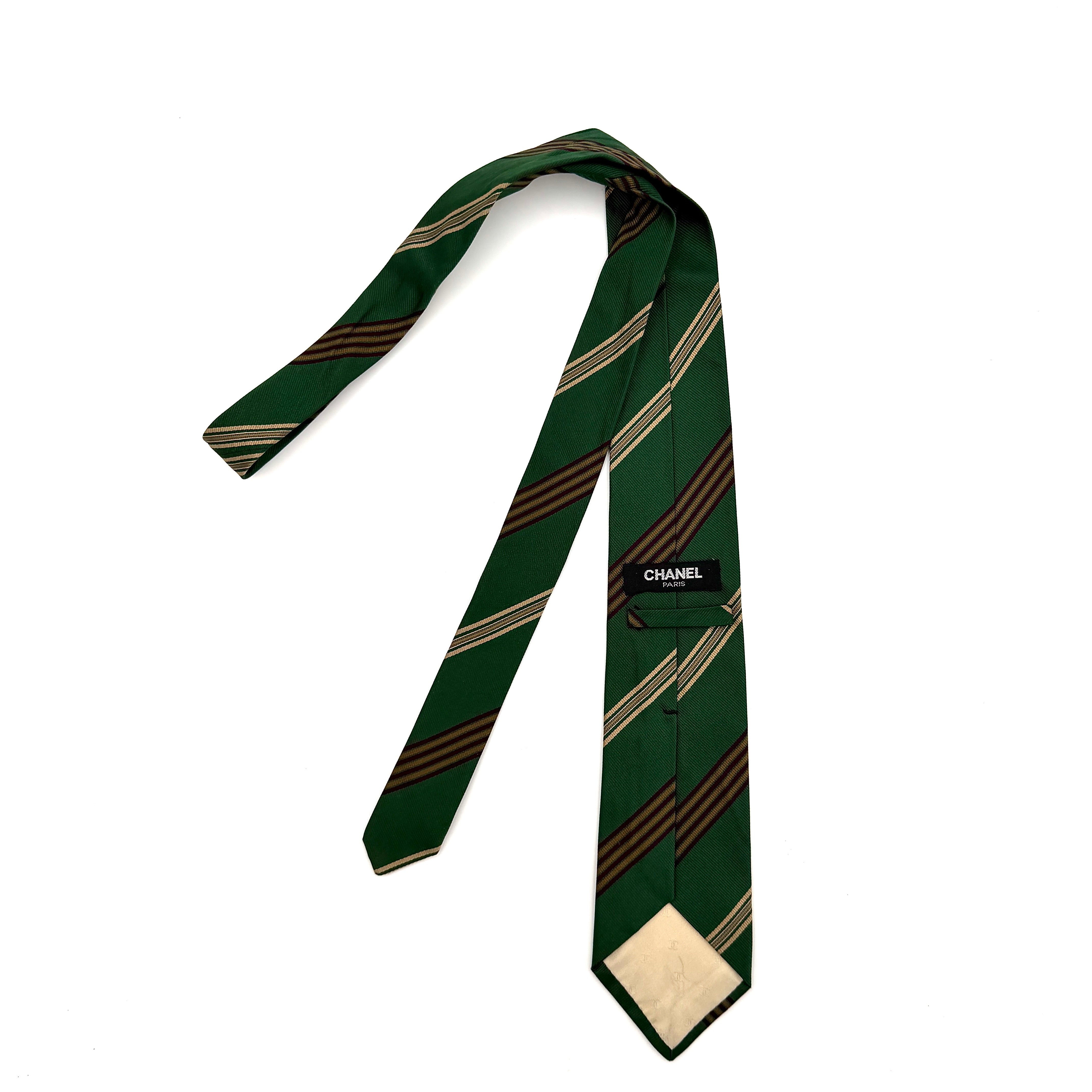 Chanel Stripe Silk Tie Green