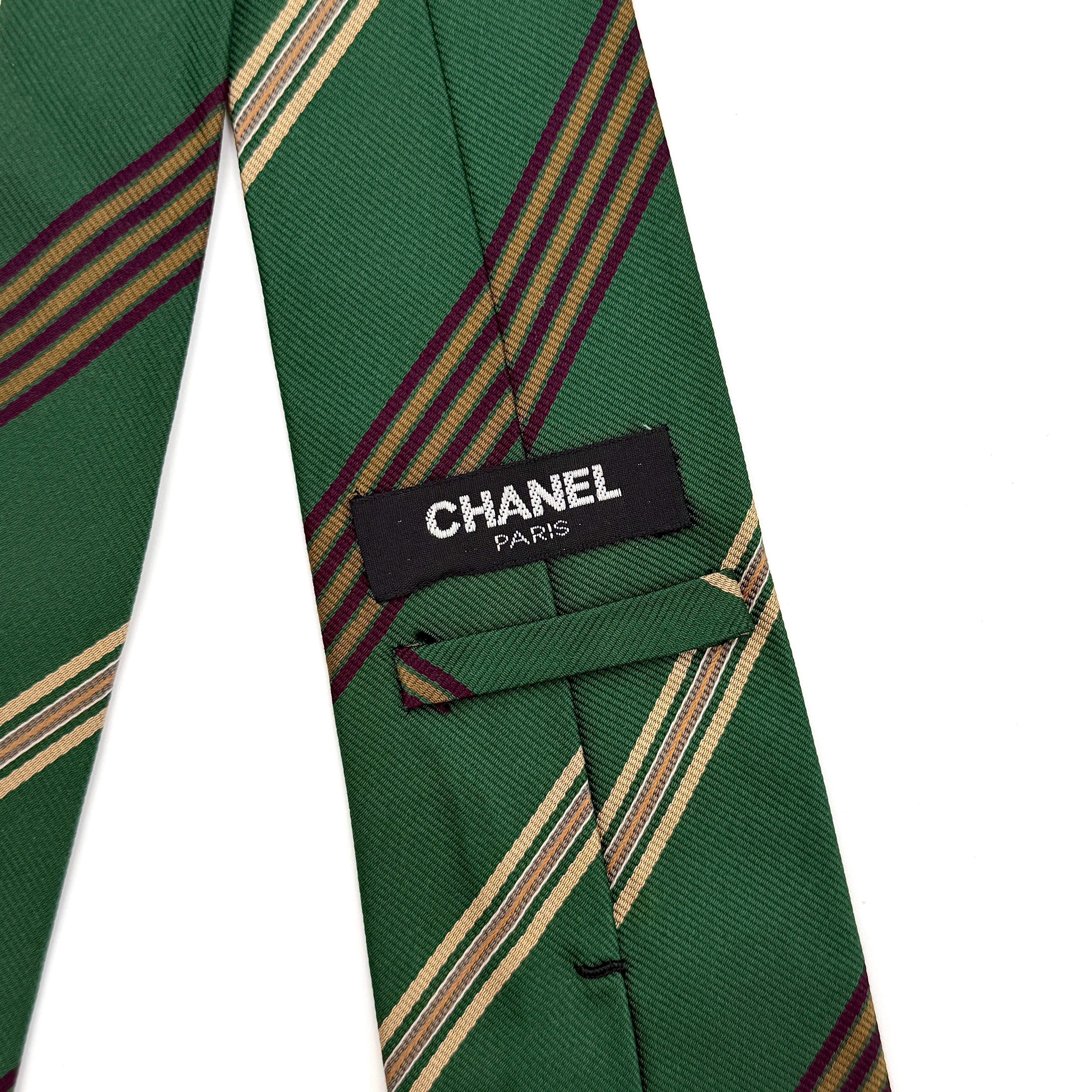 Chanel Stripe Silk Tie Green