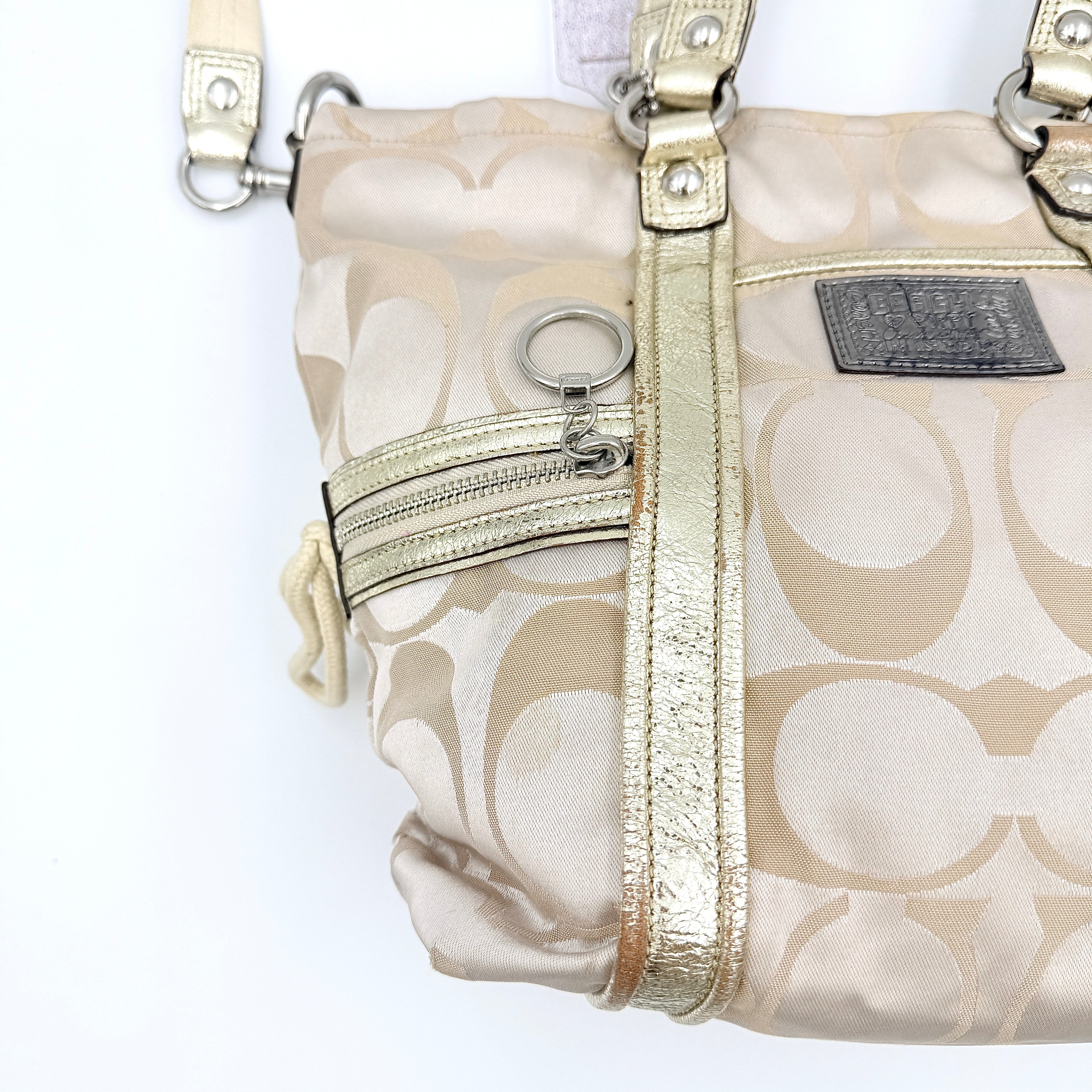 Coach 2Way Signature Poppy Sateen Tote Bag Beige/Gold