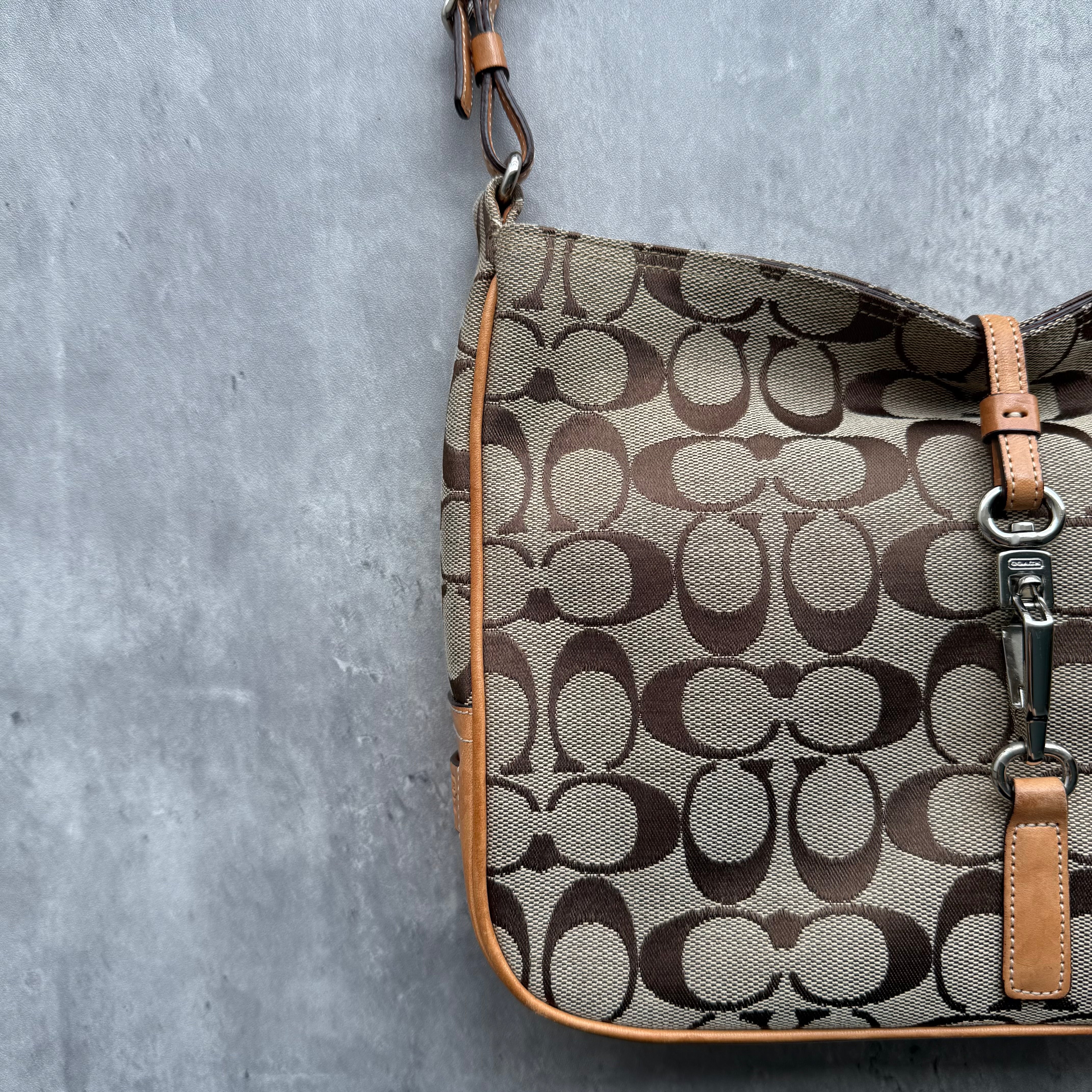 Coach Hobo Signature Clip Canvas Handbag Beige