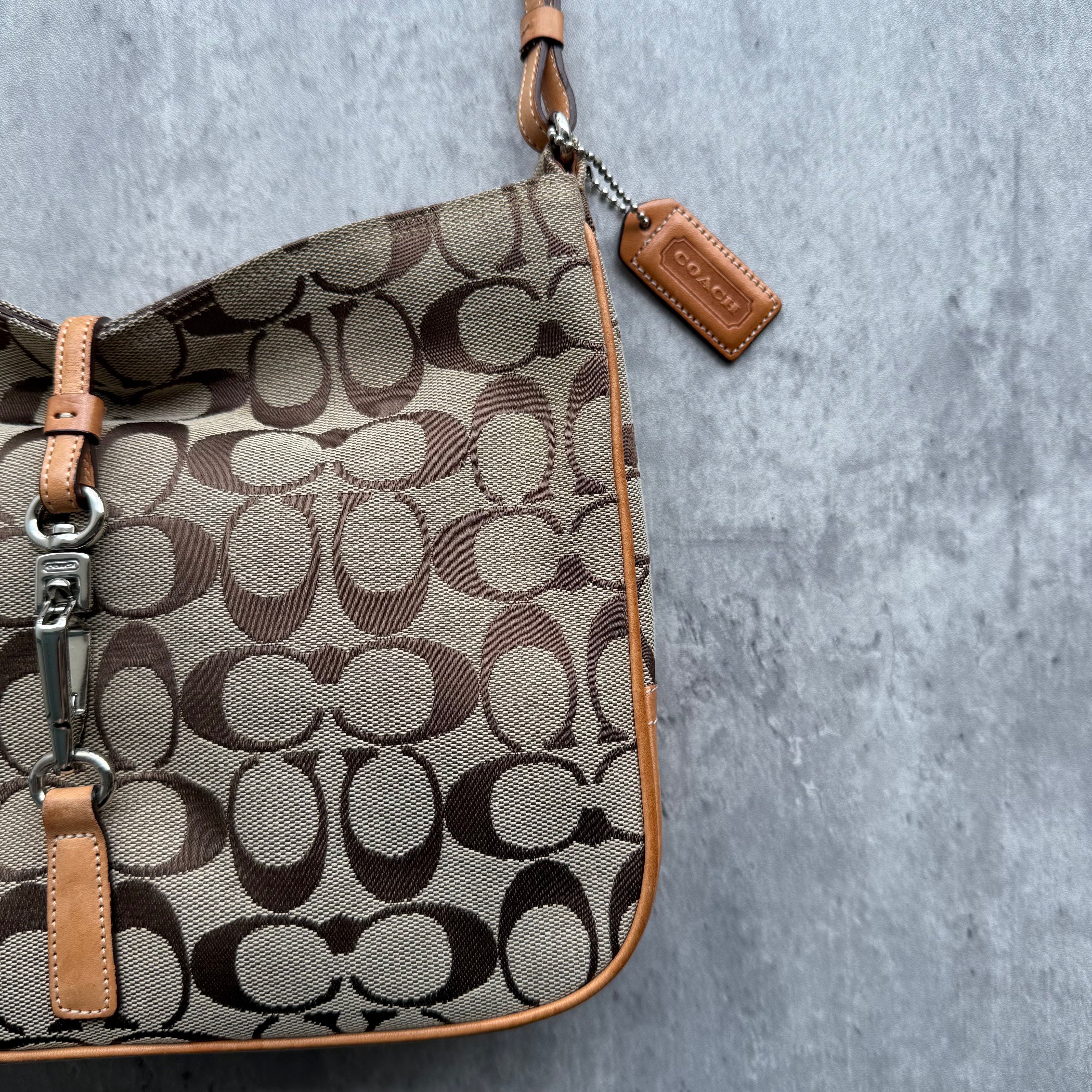 Coach Hobo Signature Clip Canvas Handbag Beige