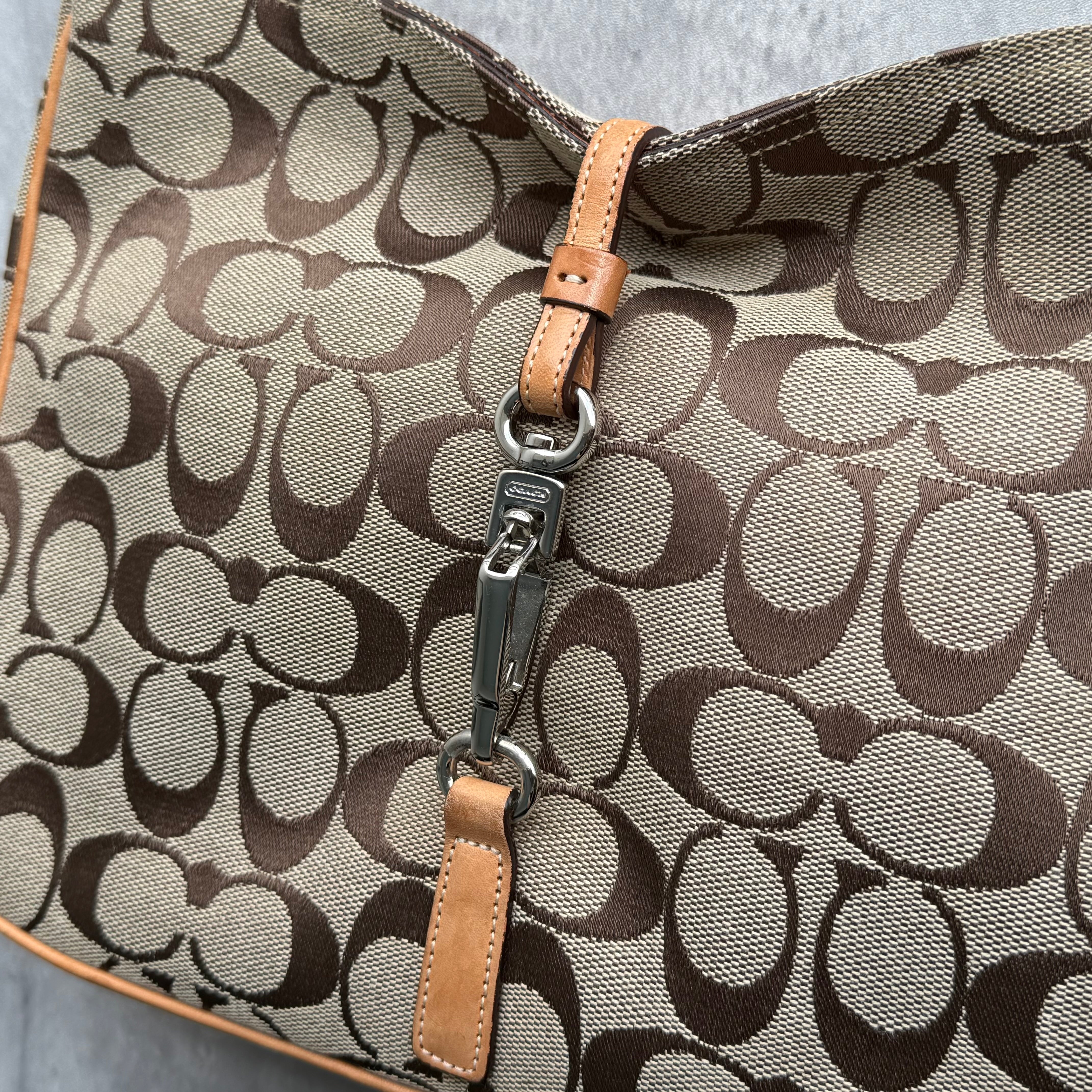 Coach Hobo Signature Clip Canvas Handbag Beige