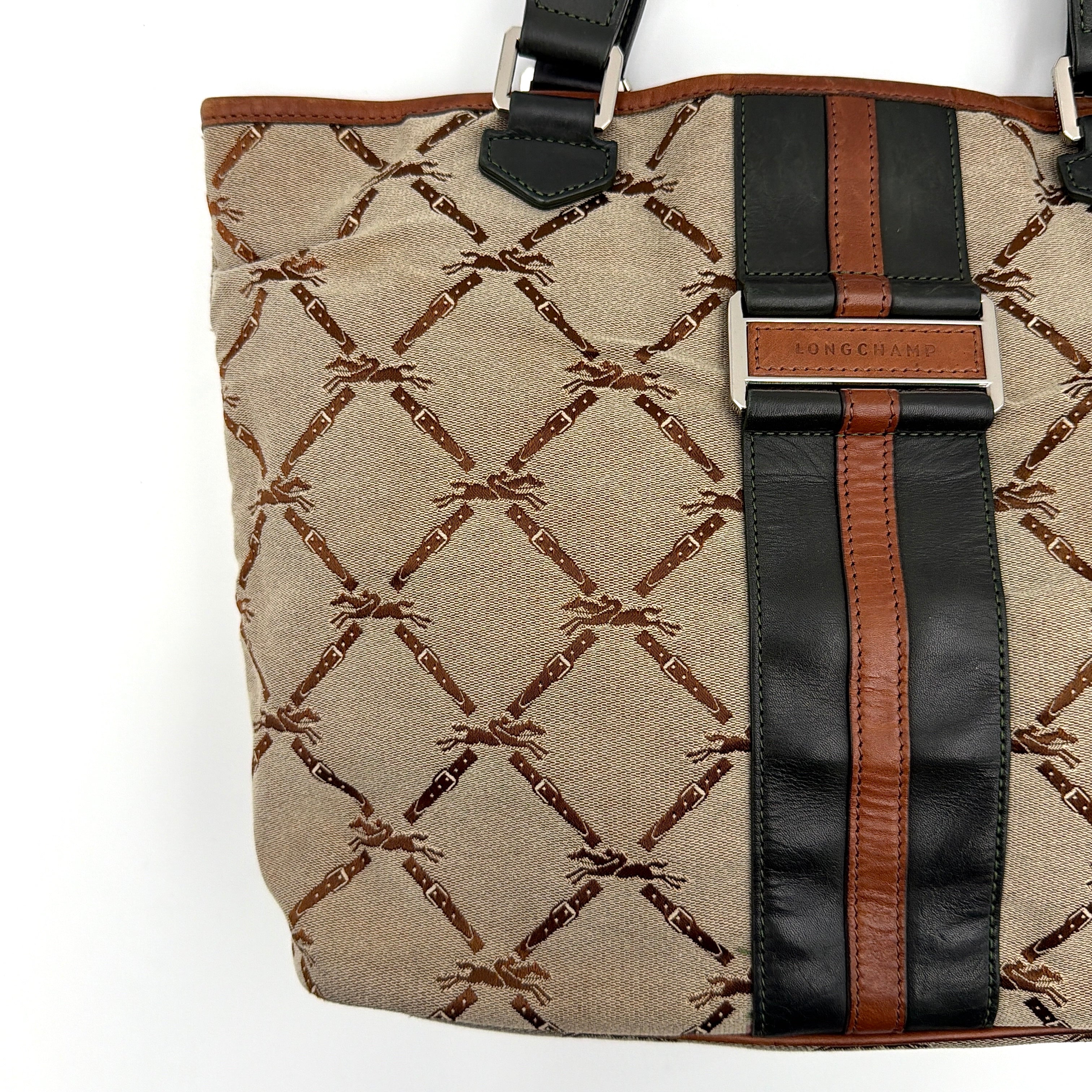 Longchamp beige jacquard tote bag with brown and black leather centre stripe and structured leather handles.