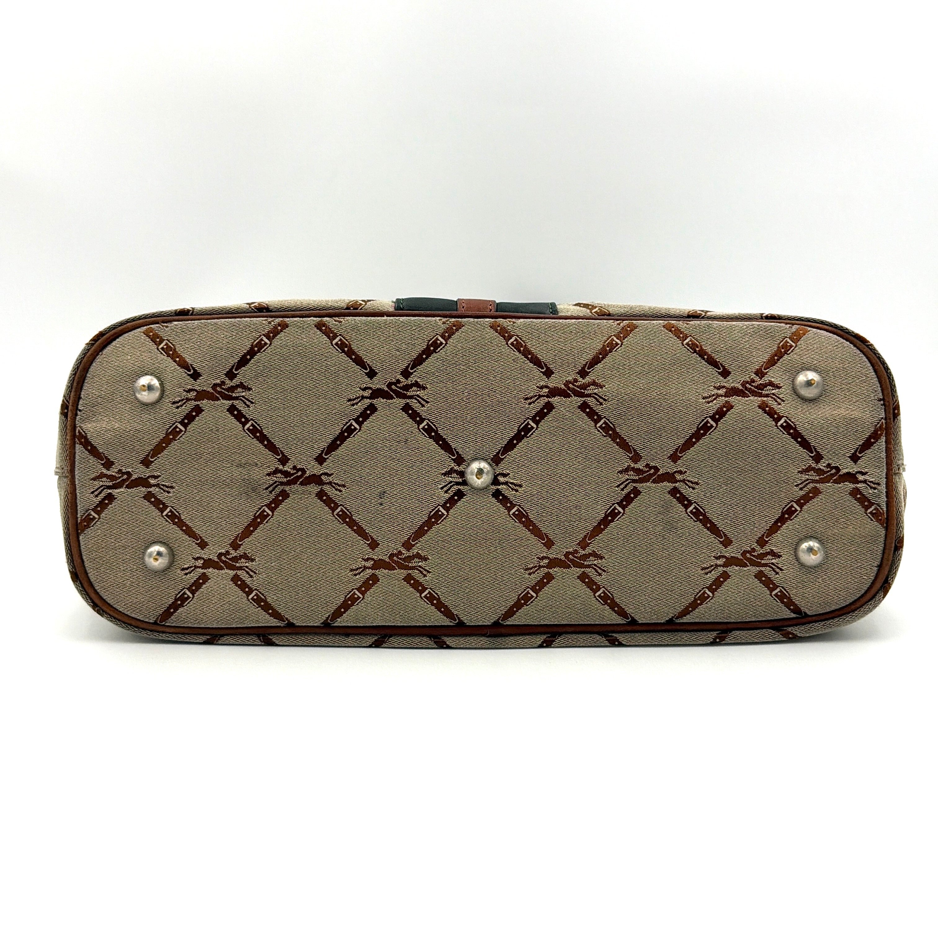 Longchamp beige jacquard tote bag with brown and black leather centre stripe and structured leather handles.