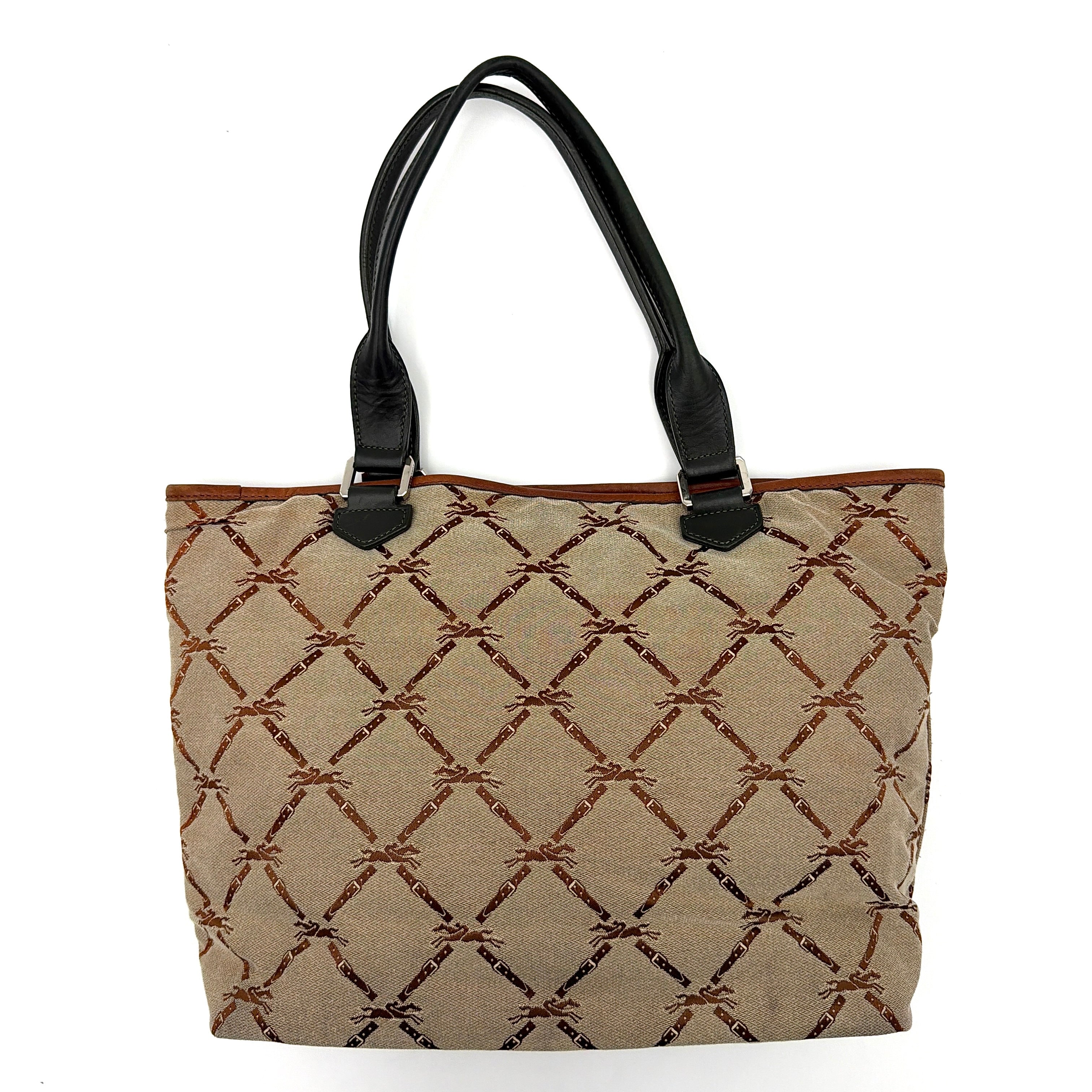 Longchamp beige jacquard tote bag with brown and black leather centre stripe and structured leather handles.