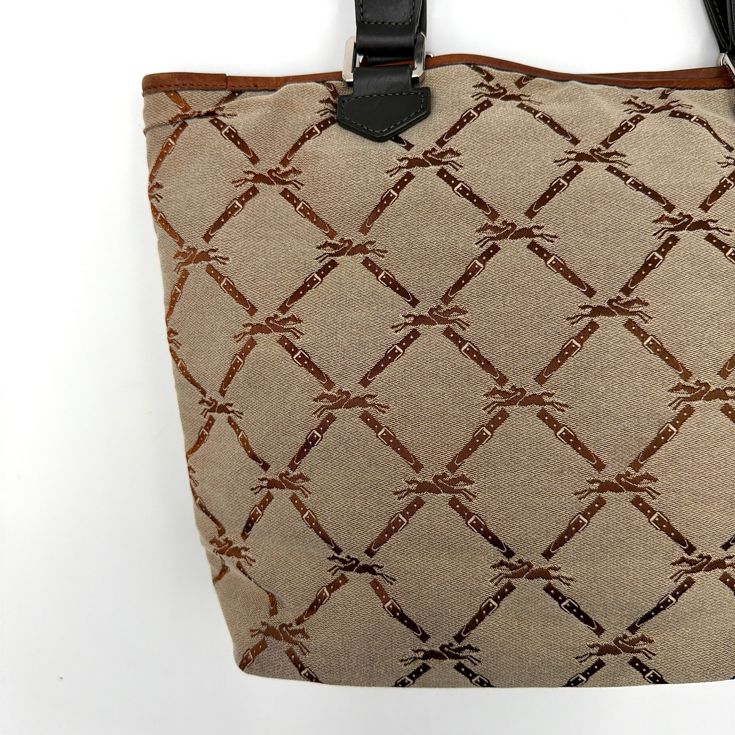 Longchamp beige jacquard tote bag with brown and black leather centre stripe and structured leather handles.