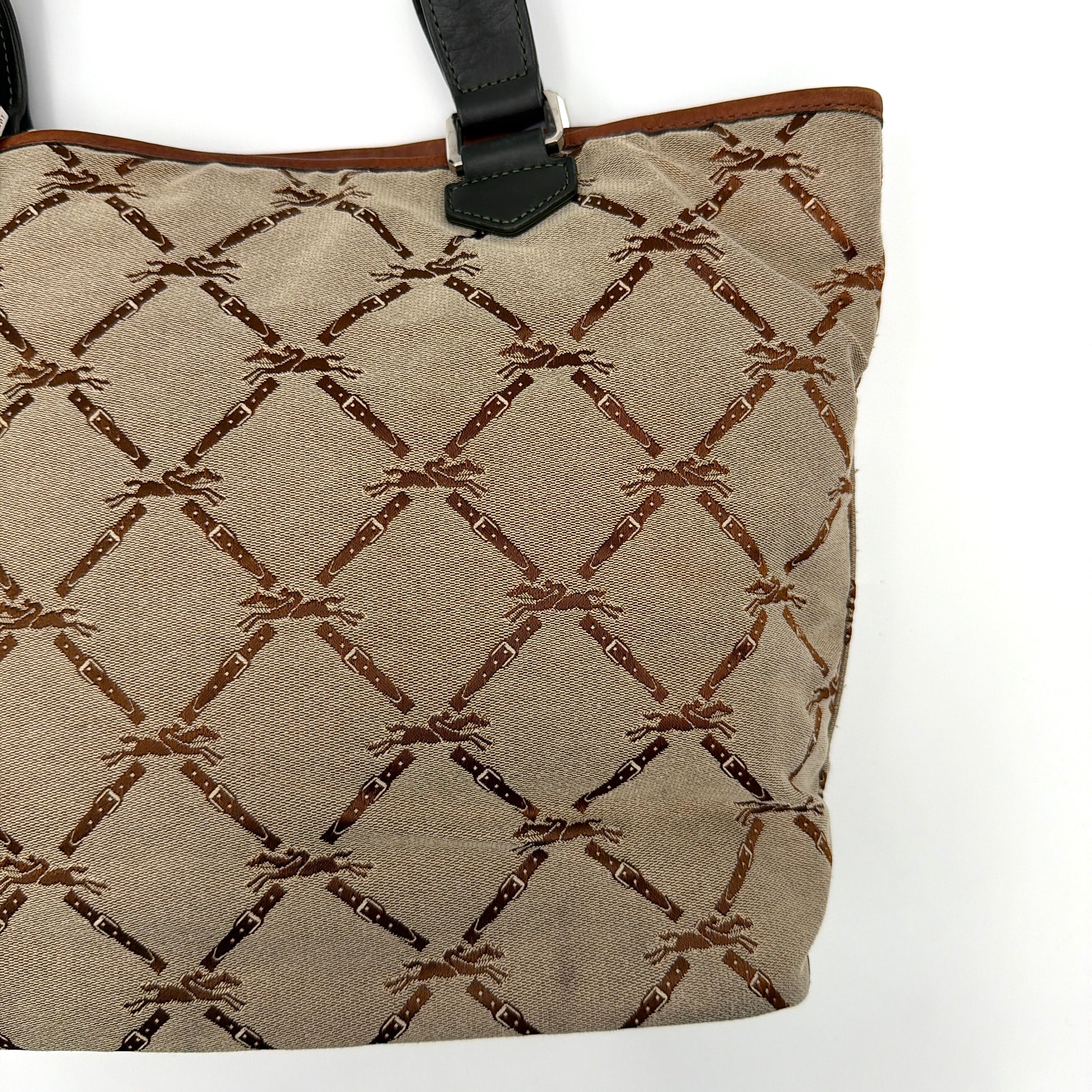 Longchamp beige jacquard tote bag with brown and black leather centre stripe and structured leather handles.