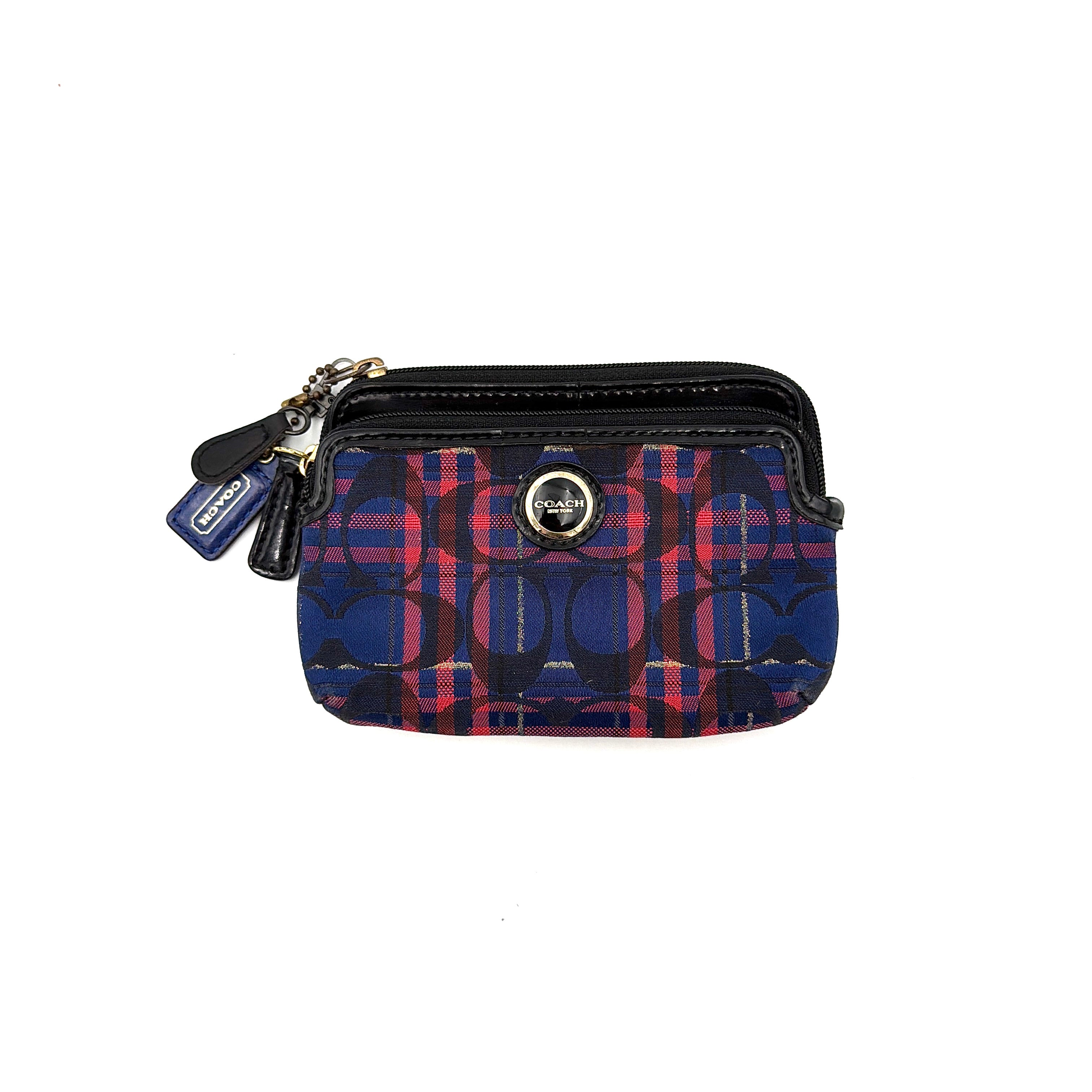 Coach Poppy Tartan Plaid Pouch in multicolour jacquard with bold red and navy check and blue hang tags.