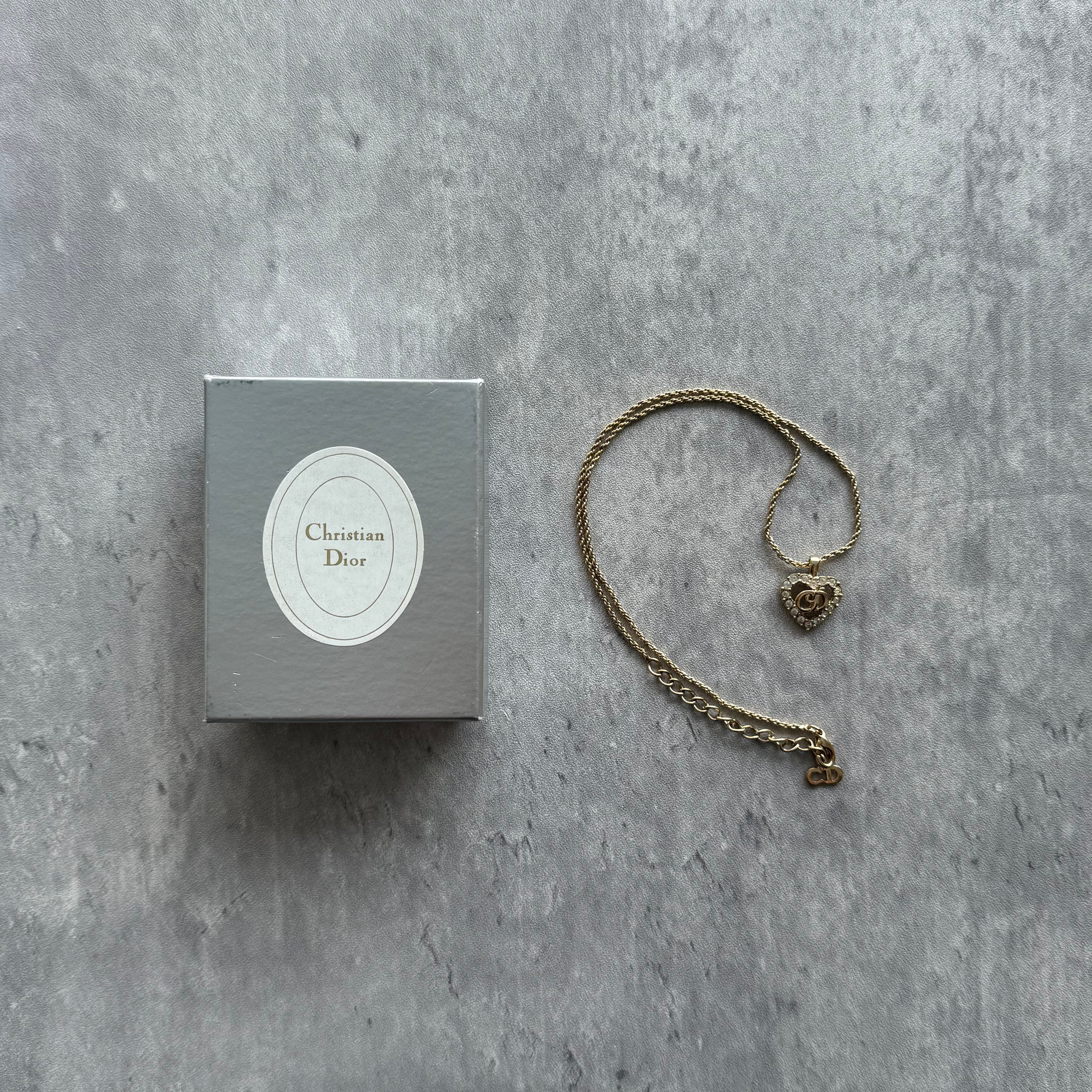 Christian Dior CD Logo Heart Rhinestone Gold Plated Vintage Pendant Necklace