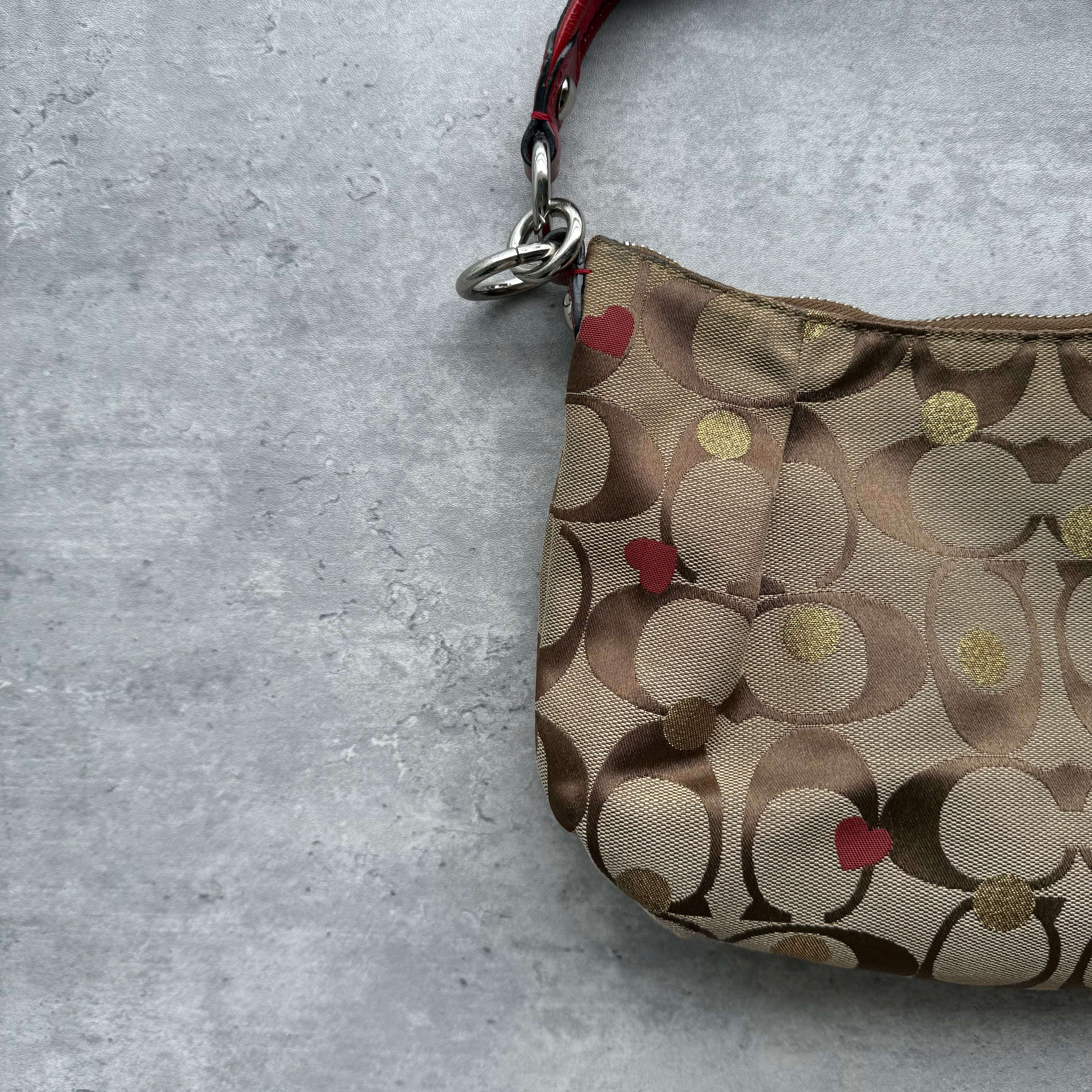 Coach 2Way Signature Heart Shoulder Bag Beige/Red