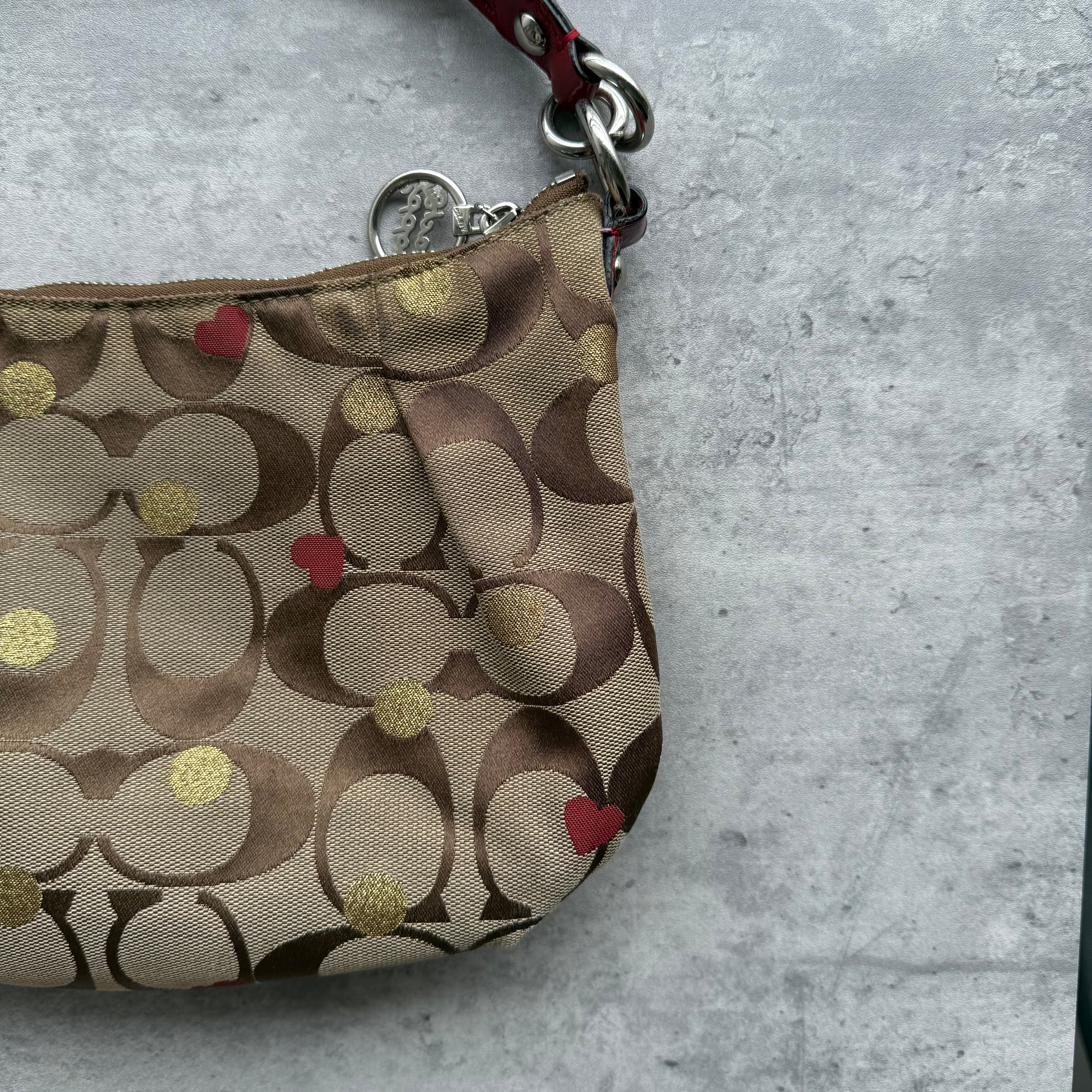 Coach 2Way Signature Heart Shoulder Bag Beige/Red