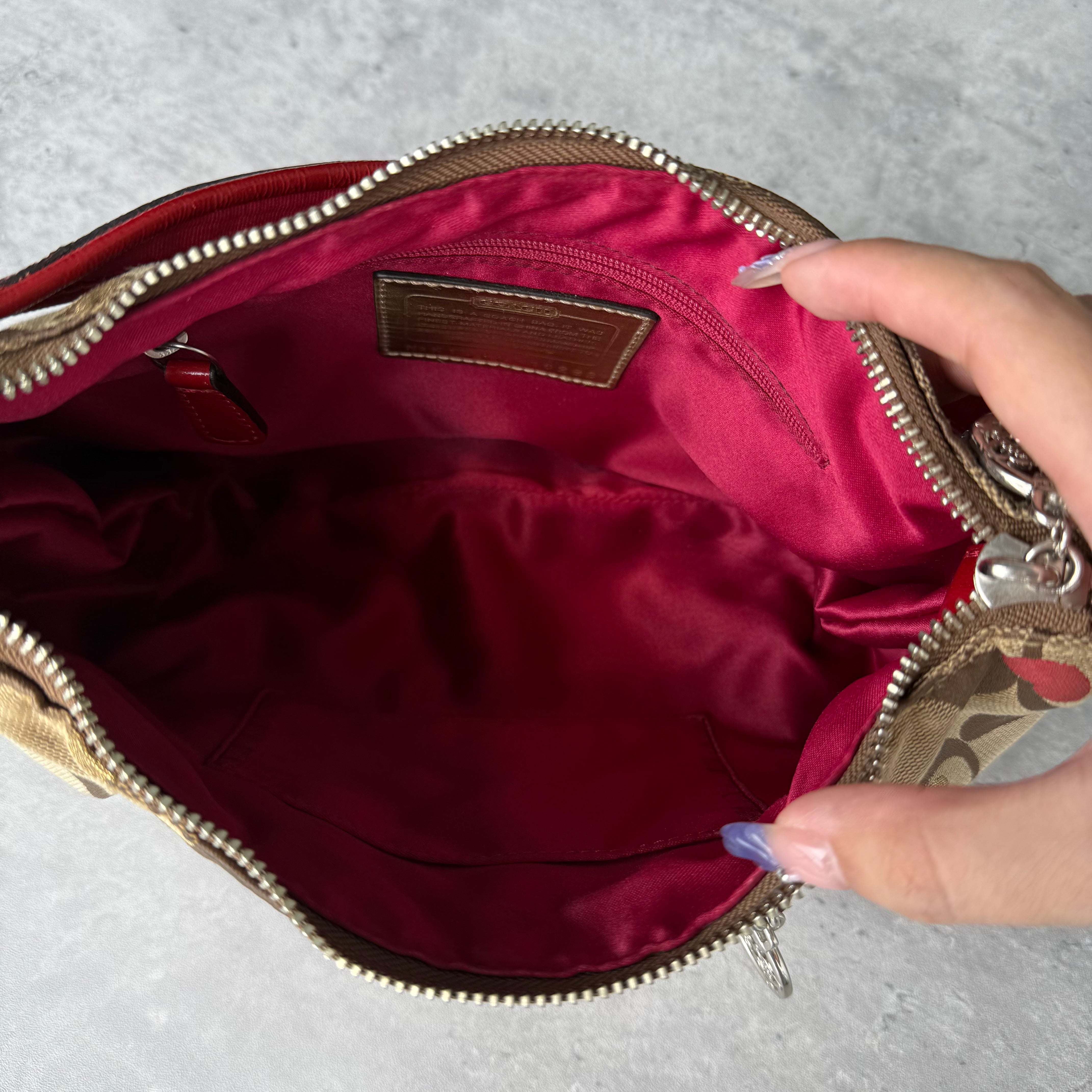 Coach 2Way Signature Heart Shoulder Bag Beige/Red