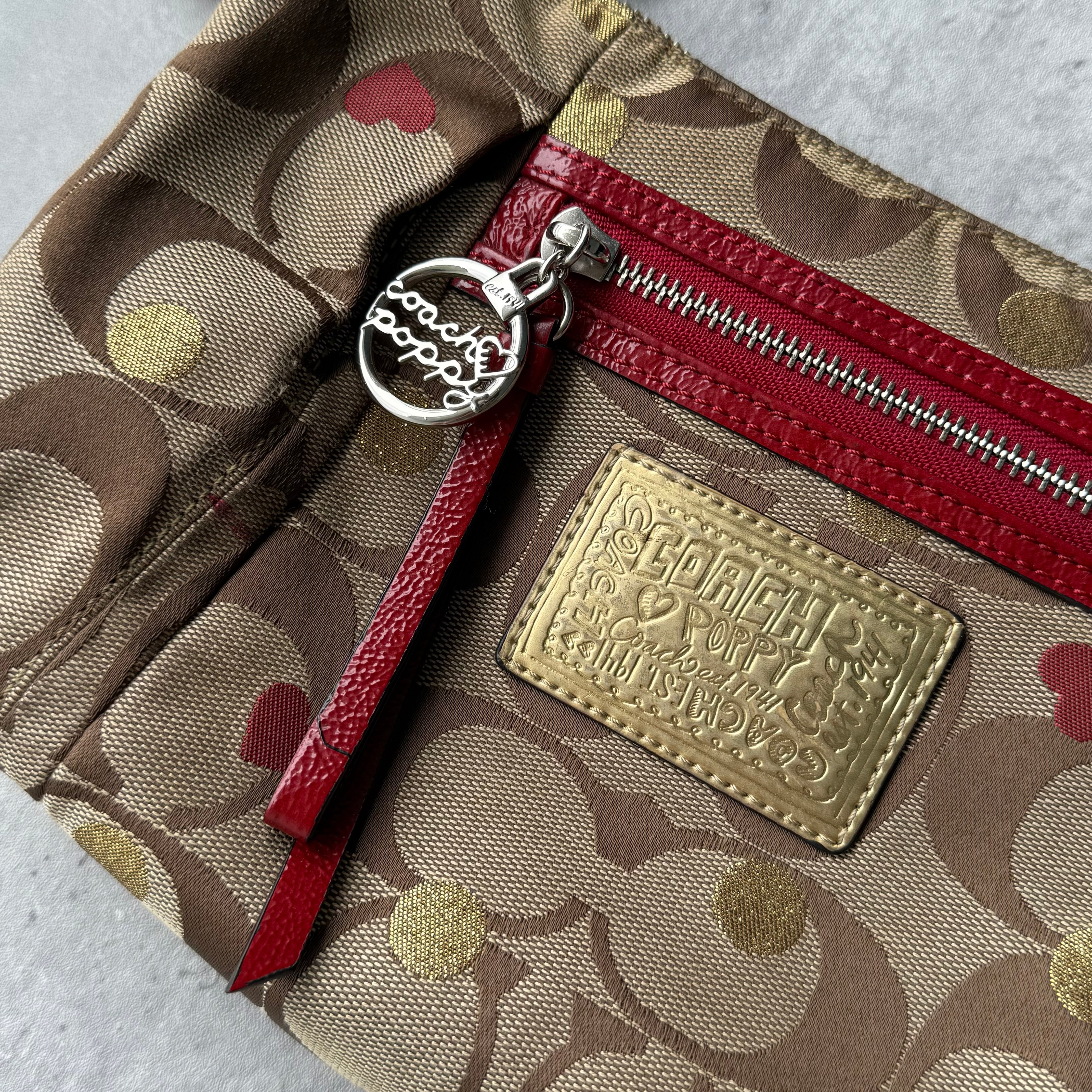 Coach 2Way Signature Heart Shoulder Bag Beige/Red