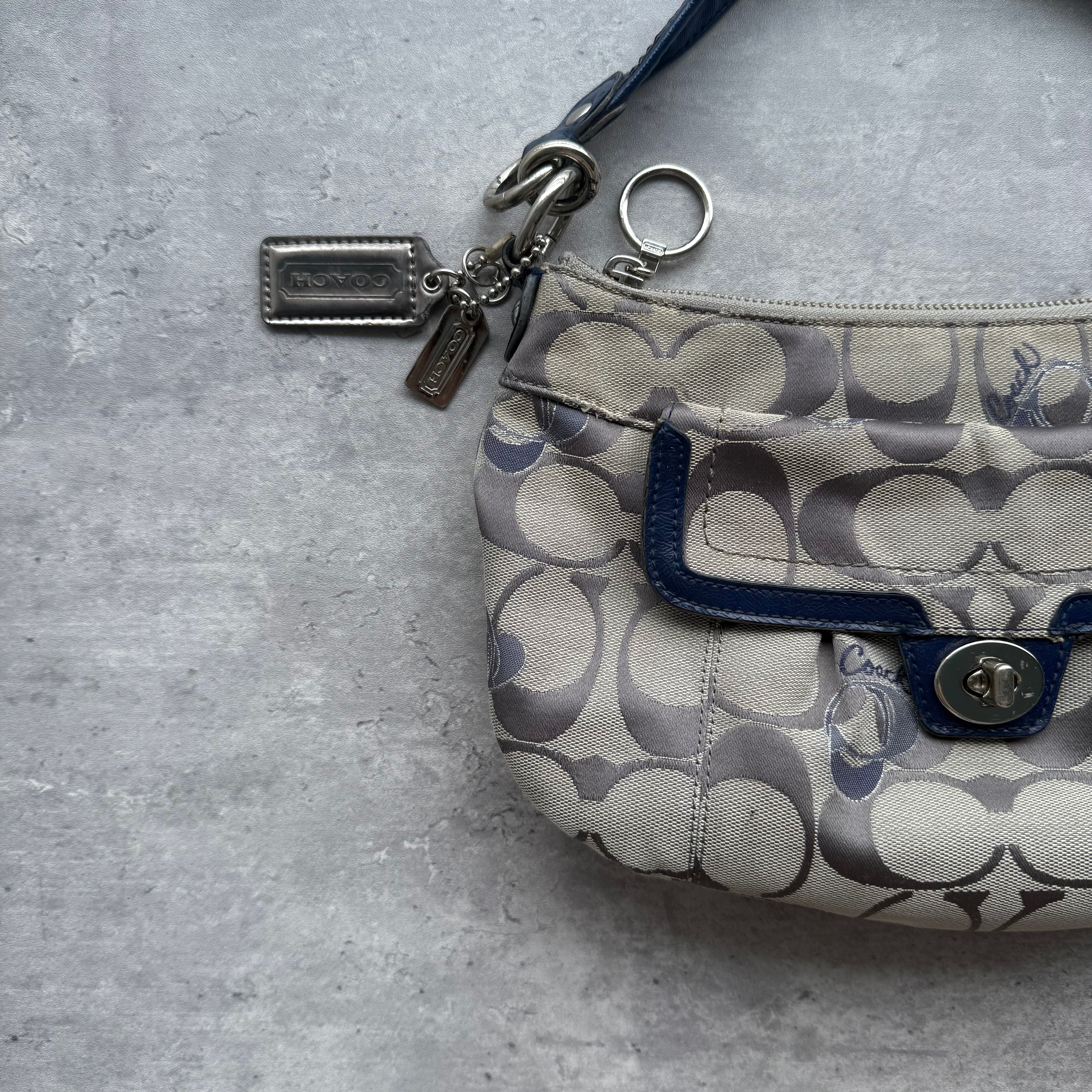 Coach 2Way Signature Embroidered Hearts Shoulder Bag Grey/Blue