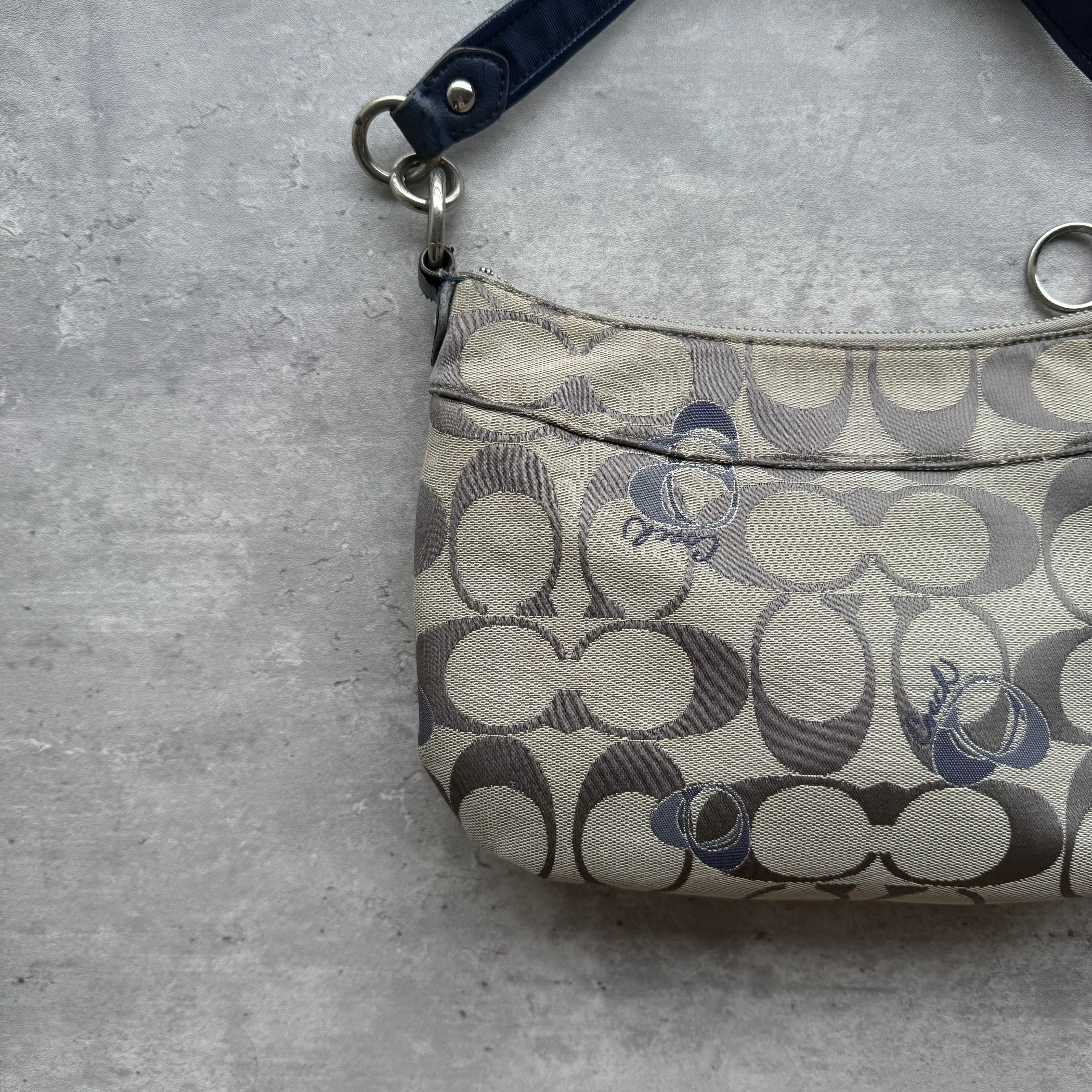 Coach 2Way Signature Embroidered Hearts Shoulder Bag Grey/Blue