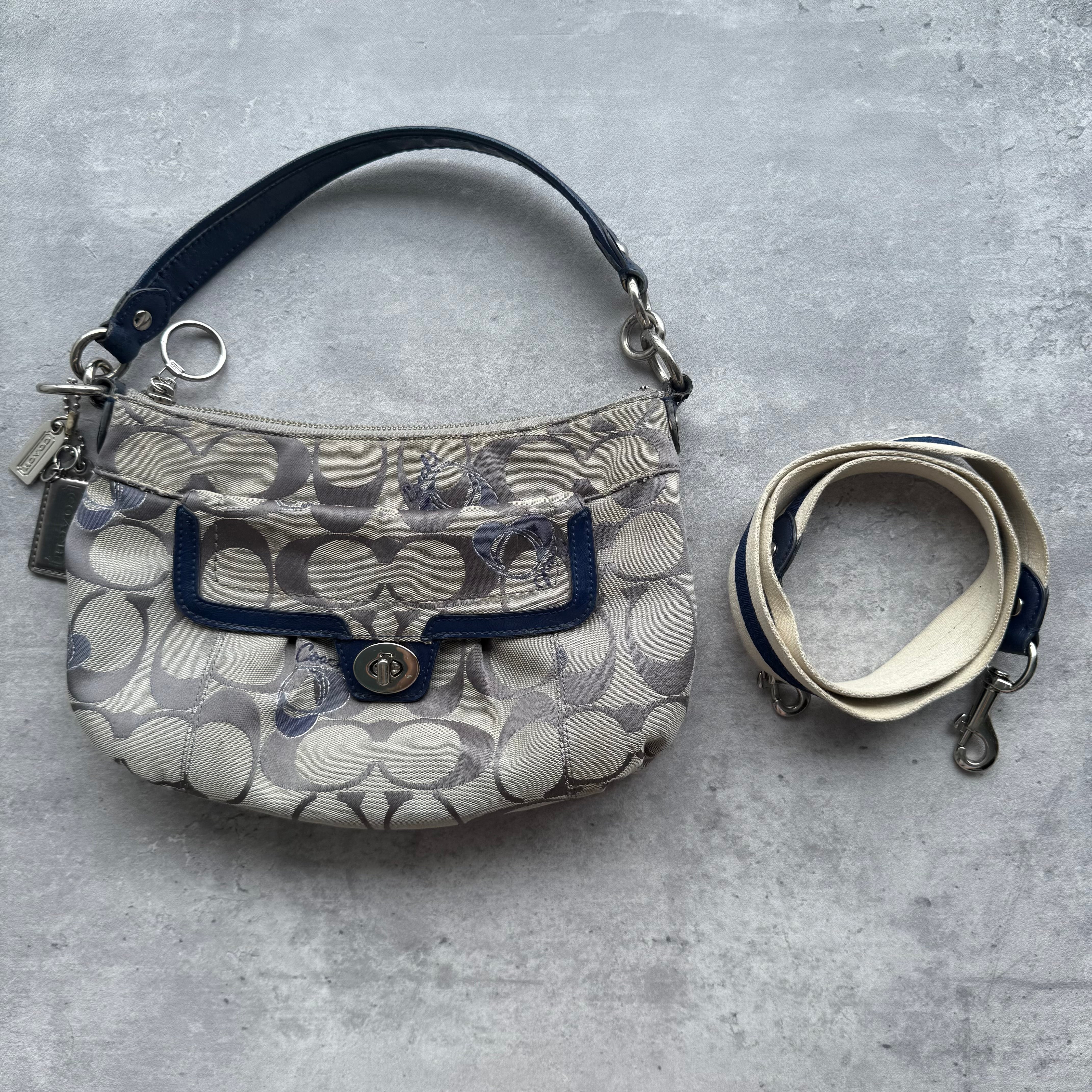 Coach 2Way Signature Embroidered Hearts Shoulder Bag Grey/Blue