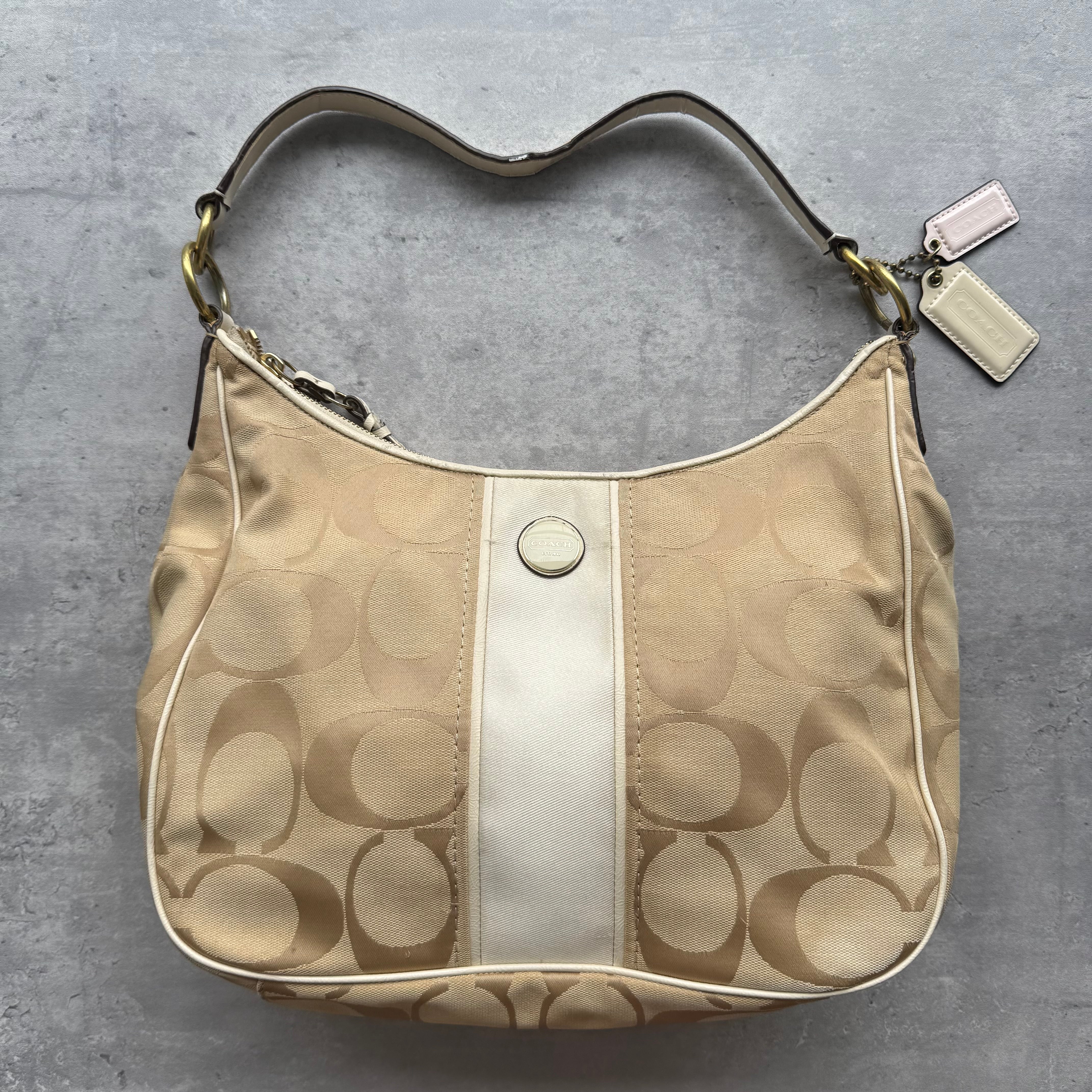 Coach 2Way Signature Stripe Large ShoulderBag Beige/White