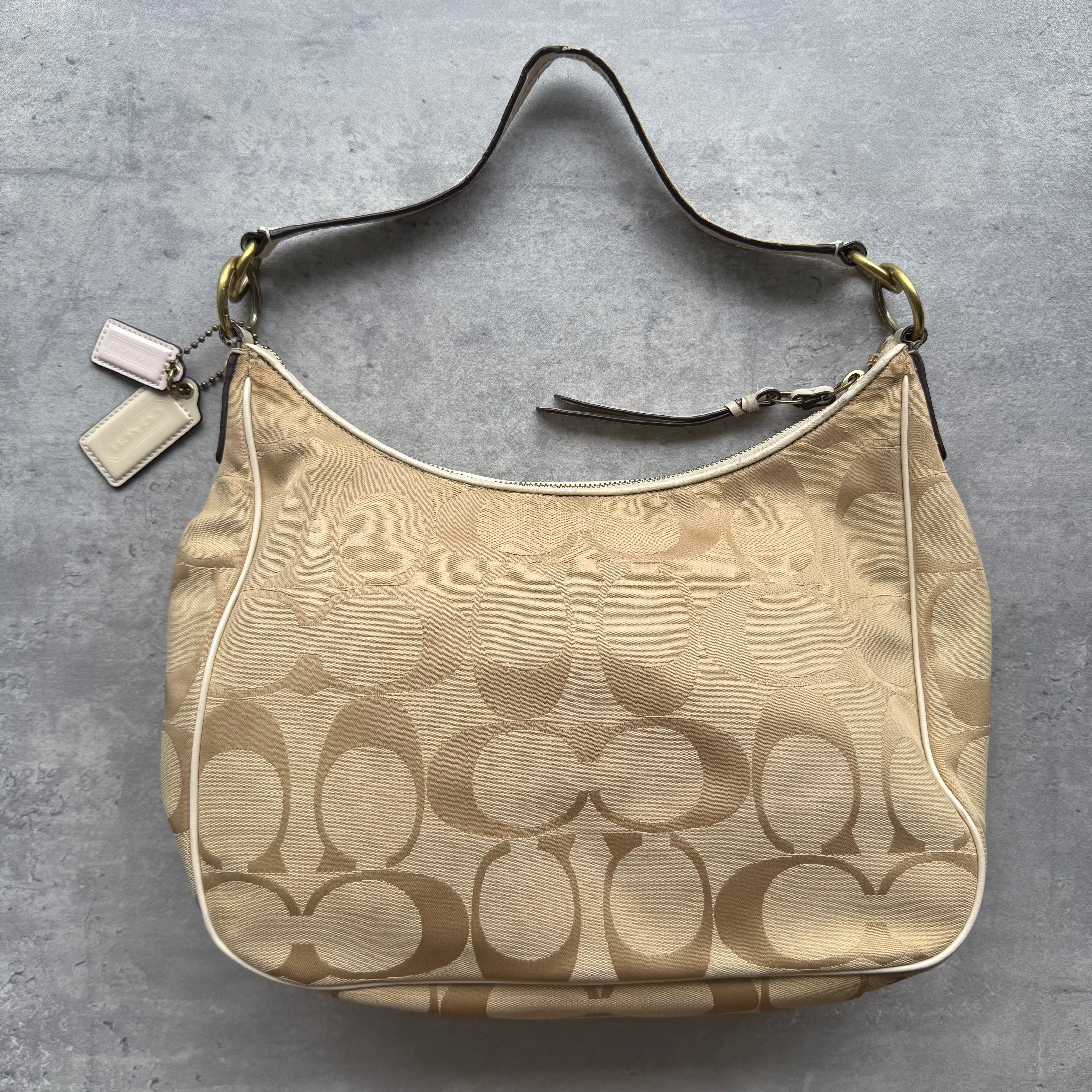 Coach 2Way Signature Stripe Large ShoulderBag Beige/White