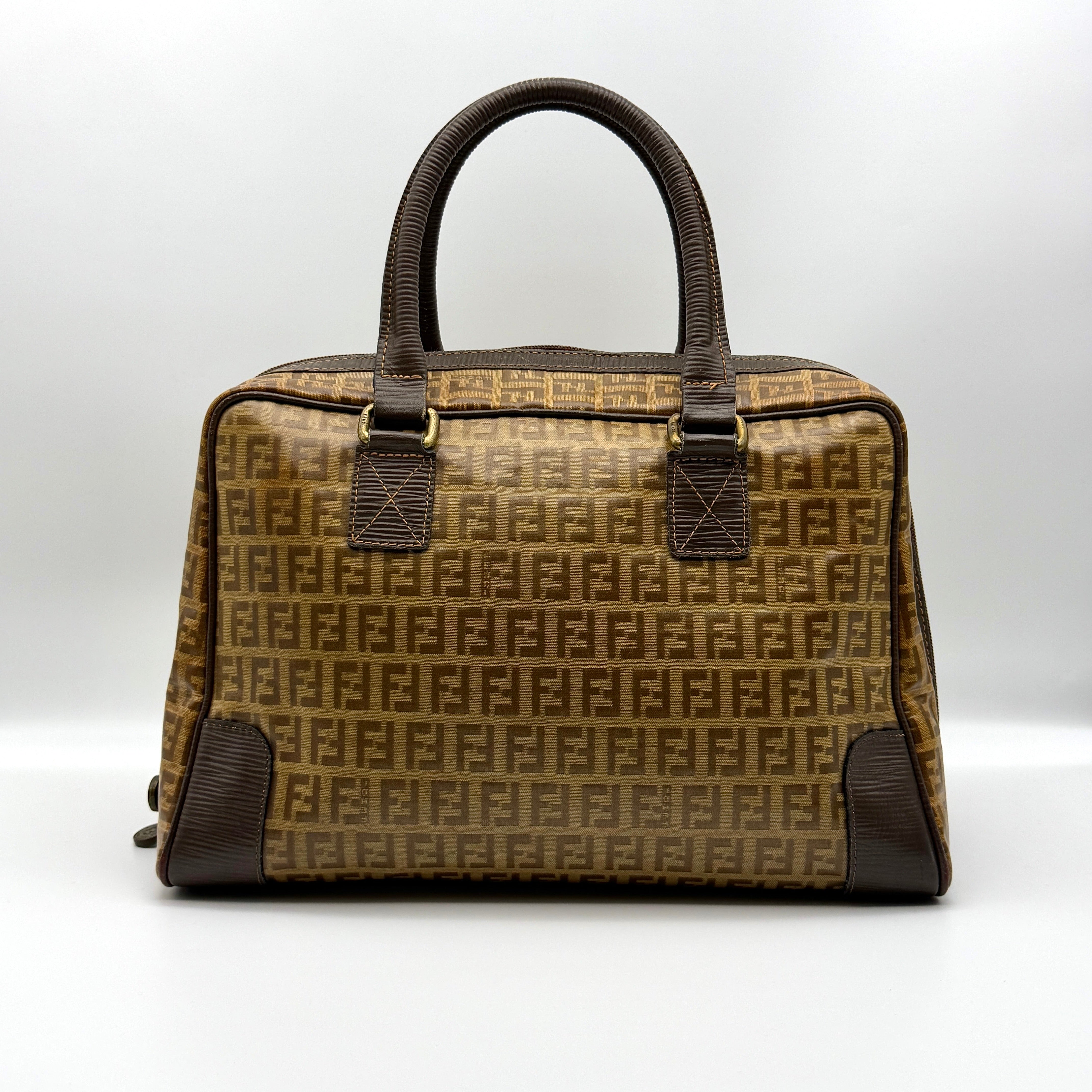 Fendi Zucchino FF Monogram Boston Handbag Brown