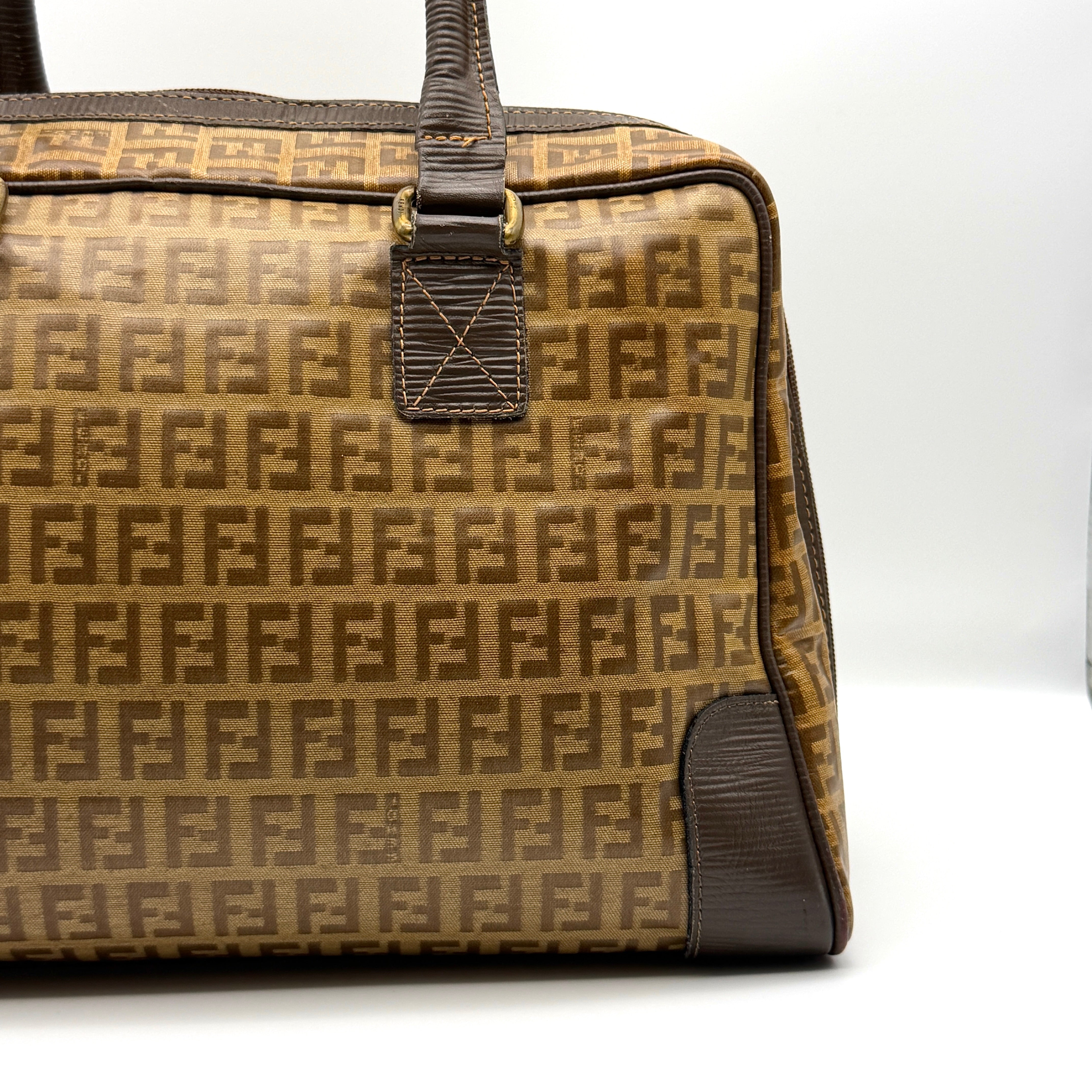 Fendi Zucchino FF Monogram Boston Handbag Brown