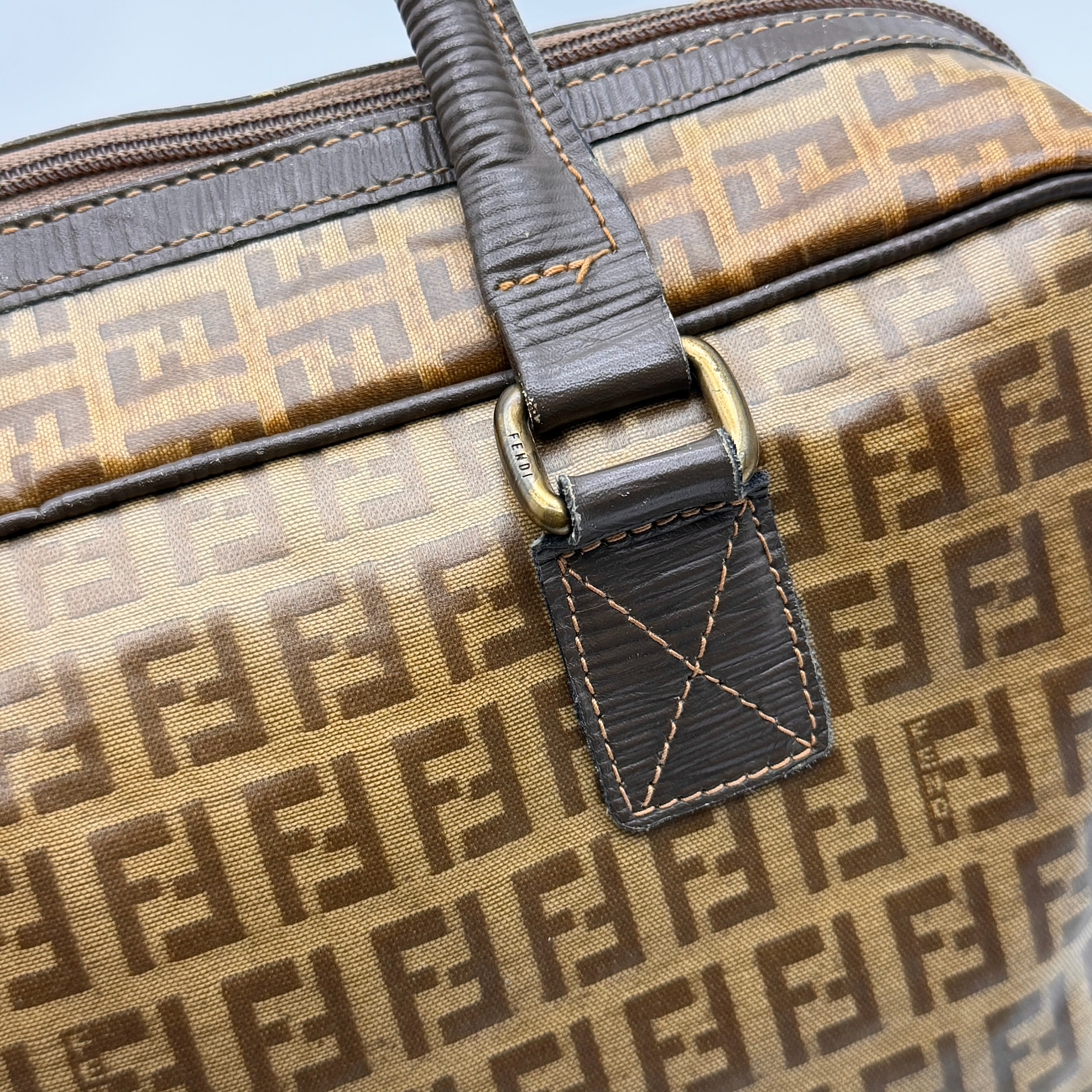 Fendi Zucchino FF Monogram Boston Handbag Brown