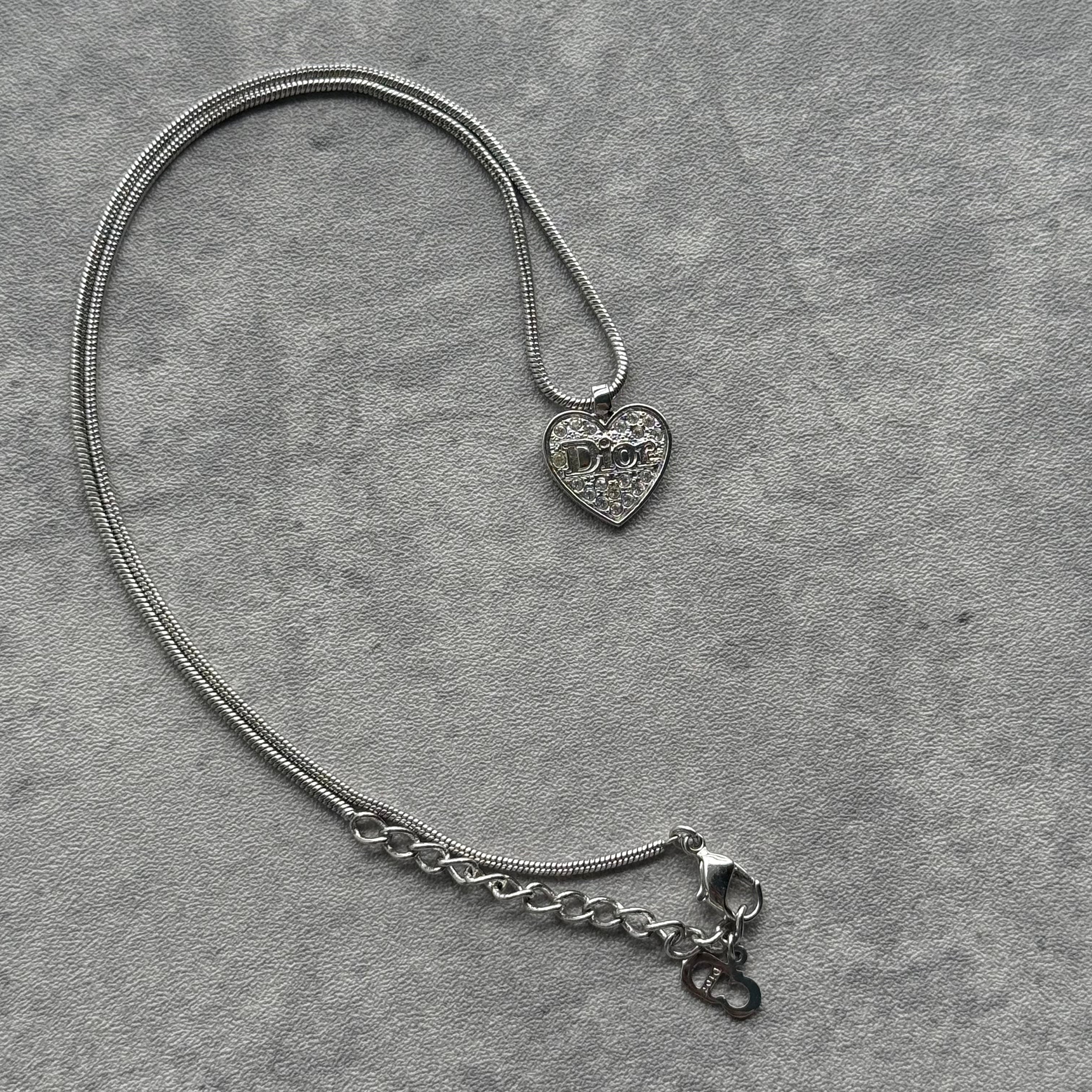 Christian Dior Heart Rhinestone Silver Vintage Pendant Necklace