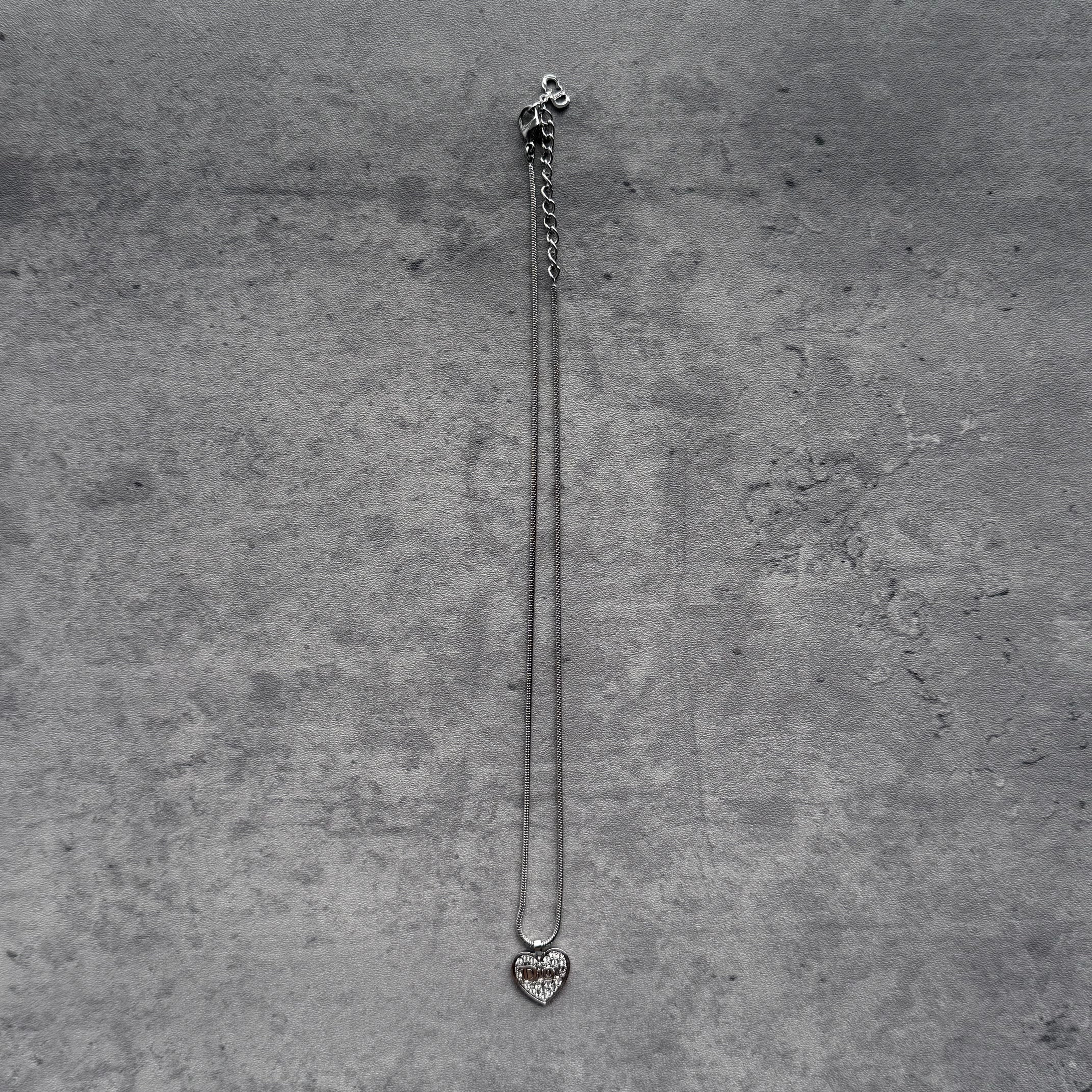 Christian Dior Heart Rhinestone Silver Vintage Pendant Necklace