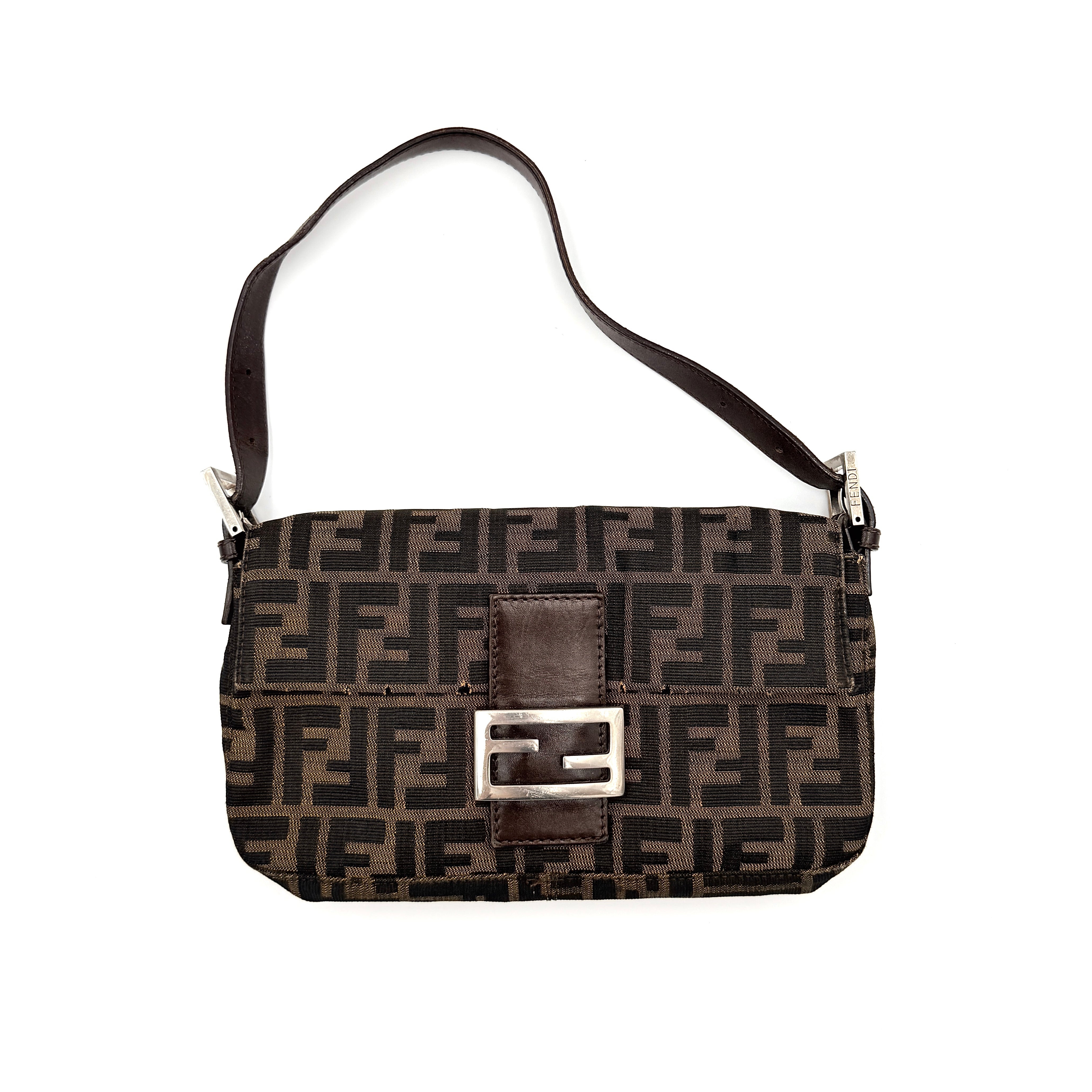 Fendi Zucca Print Baguette Bag in brown monogram canvas with silver-tone FF clasp and leather trim shown against a white background.