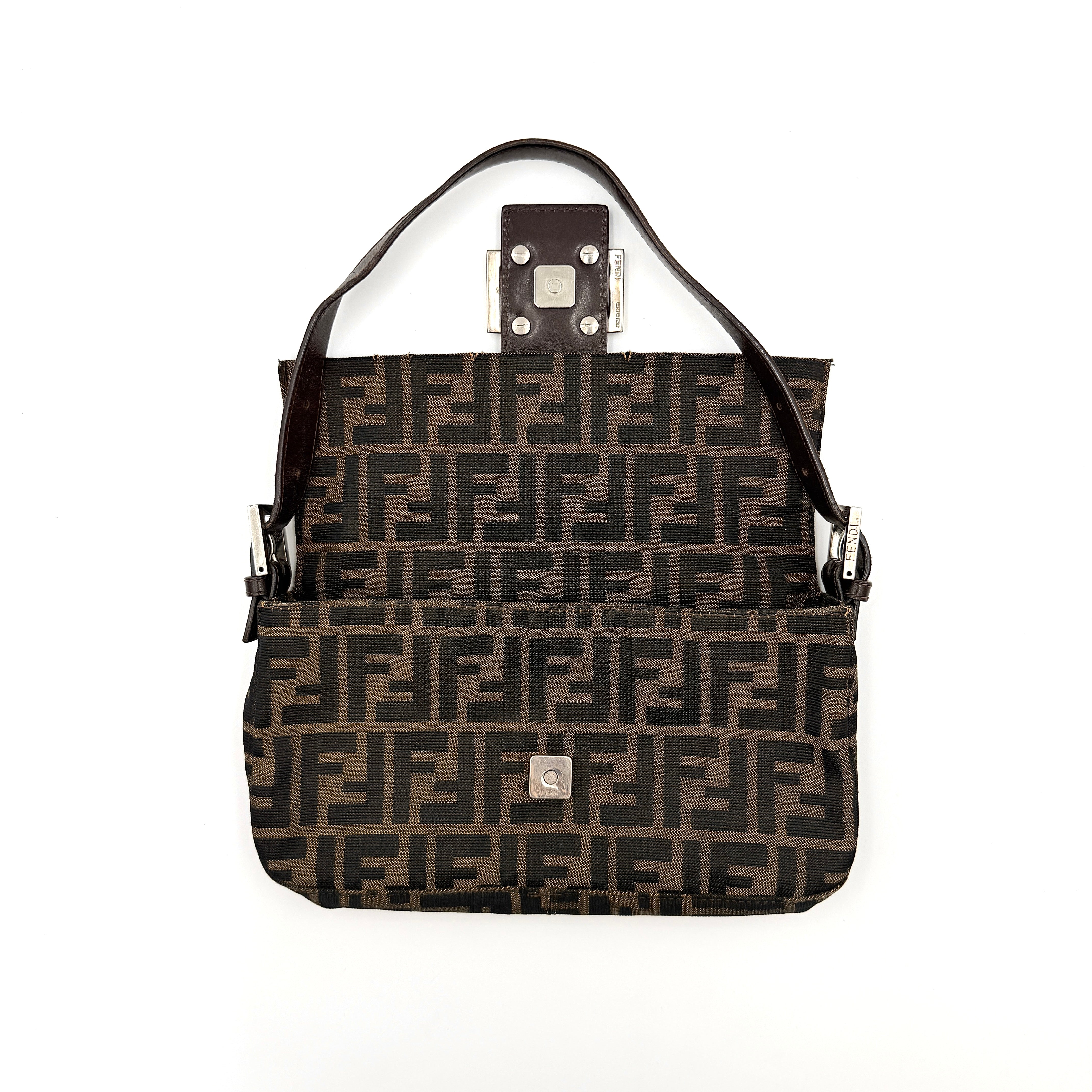 Fendi Zucca Print Baguette Bag in brown monogram canvas with silver-tone FF clasp and leather trim shown against a white background.