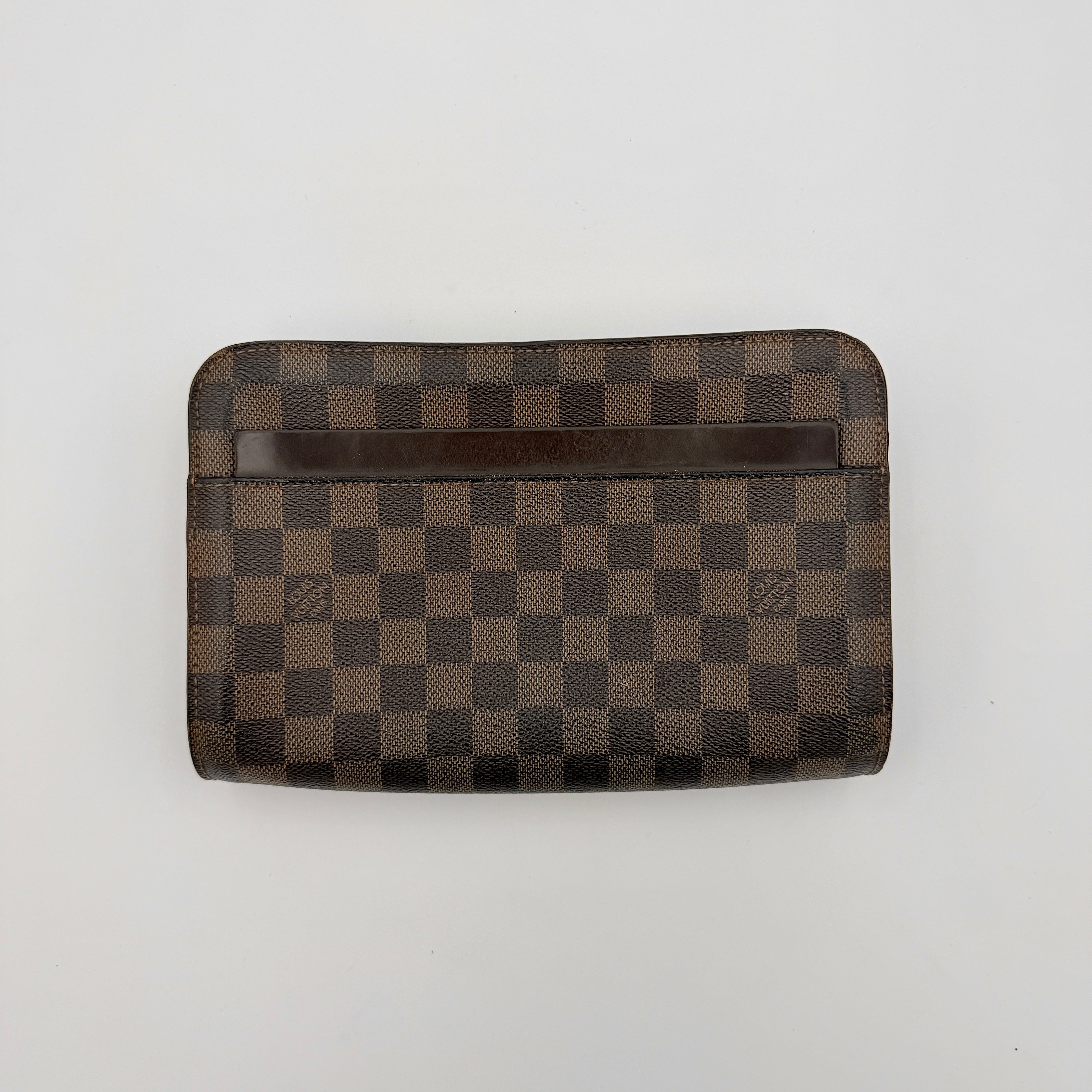 Louis Vuitton Saint Louis Damier Clutch Bag in brown Damier Ebene canvas with chocolate leather trim and gold-tone hardware, photographed on white background.