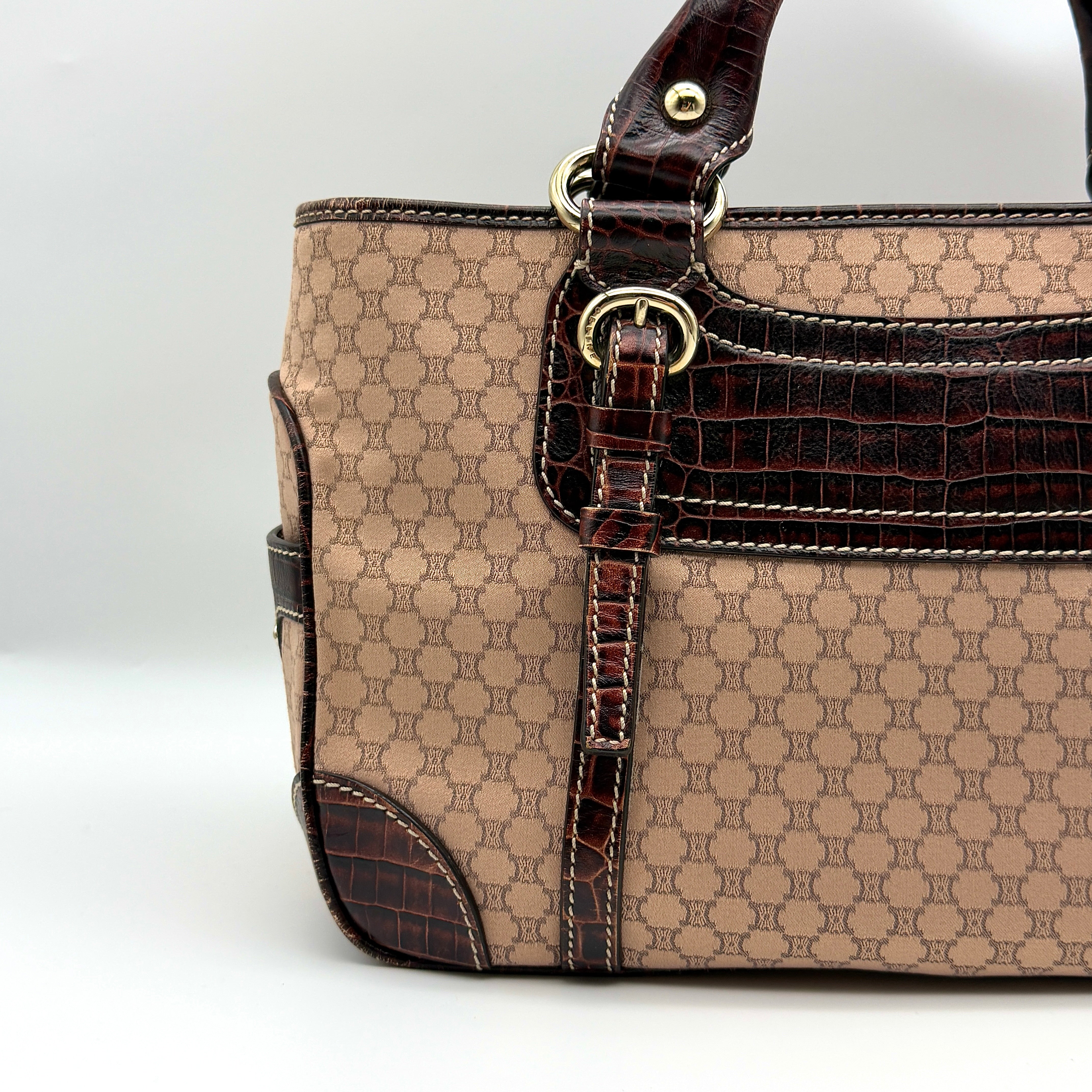 Celine Macadam Boogie Leather Canvas HandBag Pink/Maroon