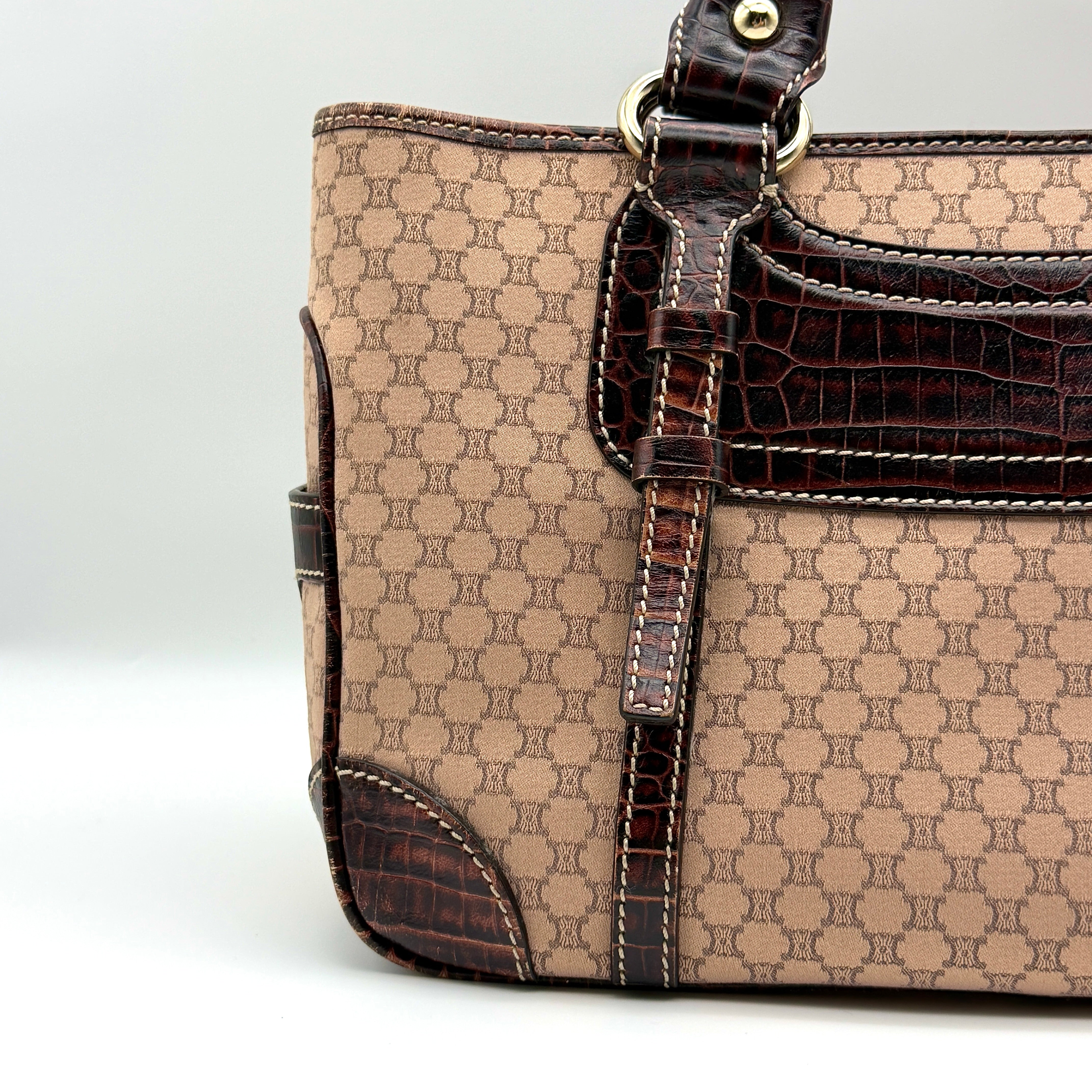 Celine Macadam Boogie Leather Canvas HandBag Pink/Maroon