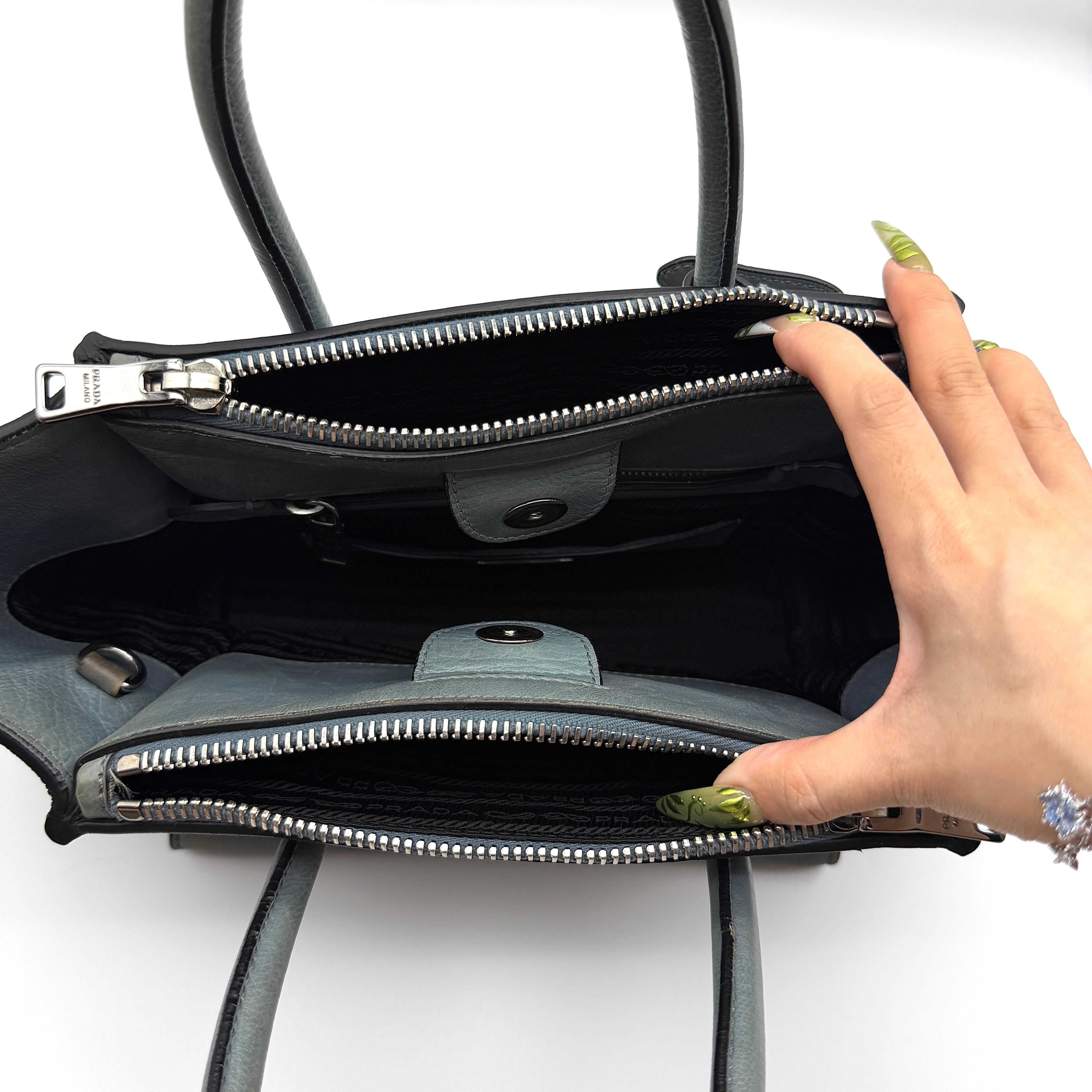 Prada 2Way Glace Twin Pocket Handbag Grey