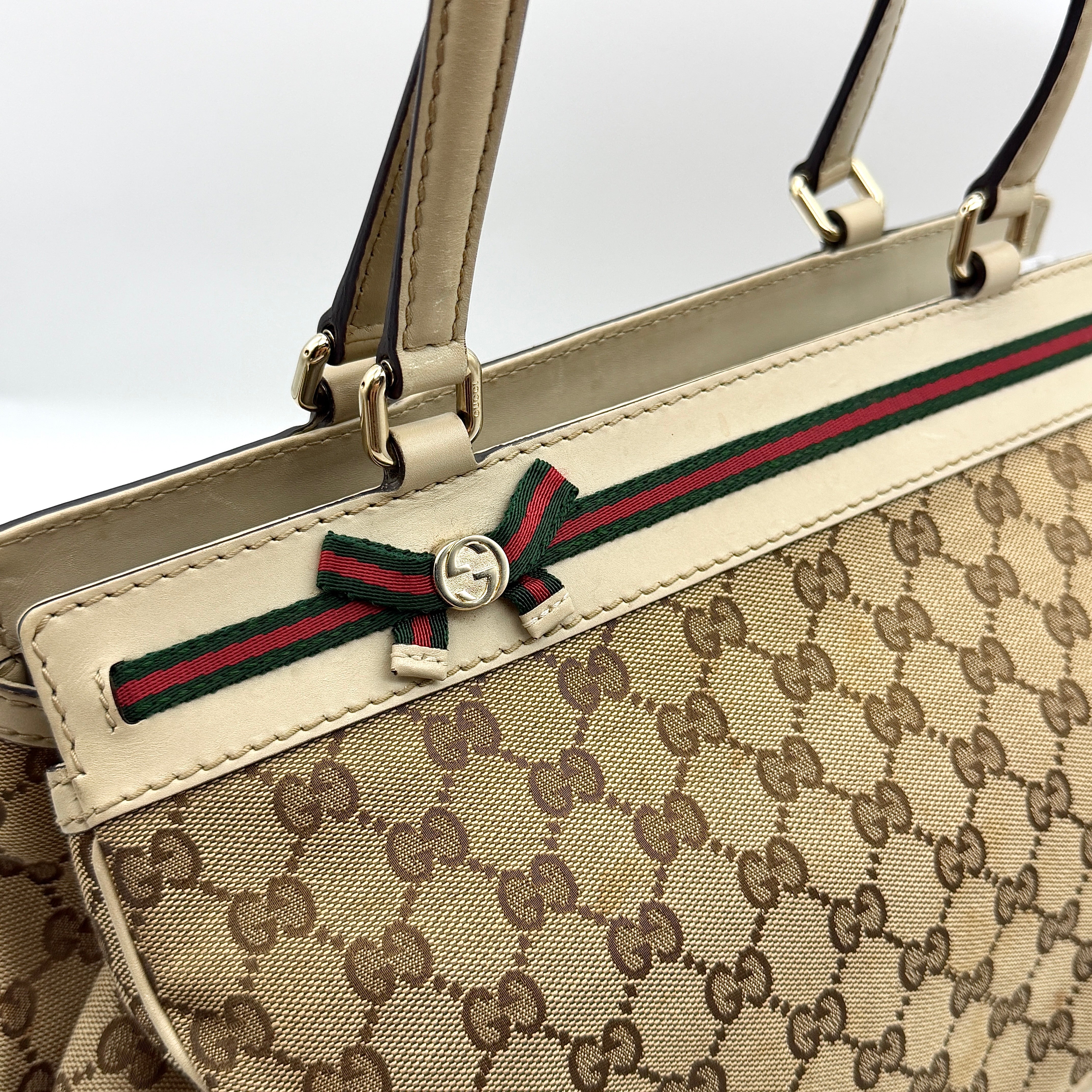 Gucci GG Monogram Ribbon Shoulder Bag Beige/White