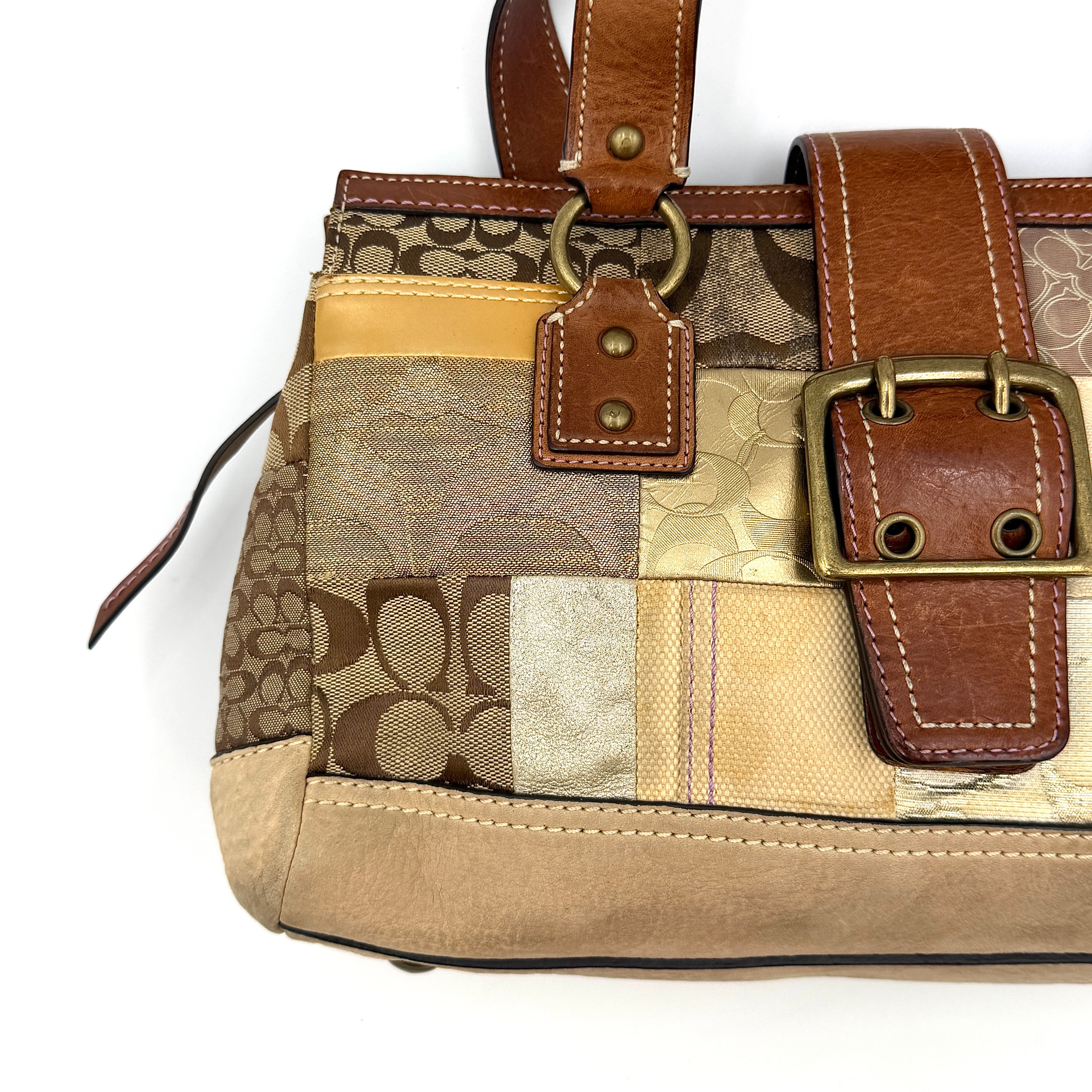 Coach Y2K Soho Patchwork shoulder bag in brown, gold and beige tones with mixed textile panels, caramel leather trim and brass hardware.