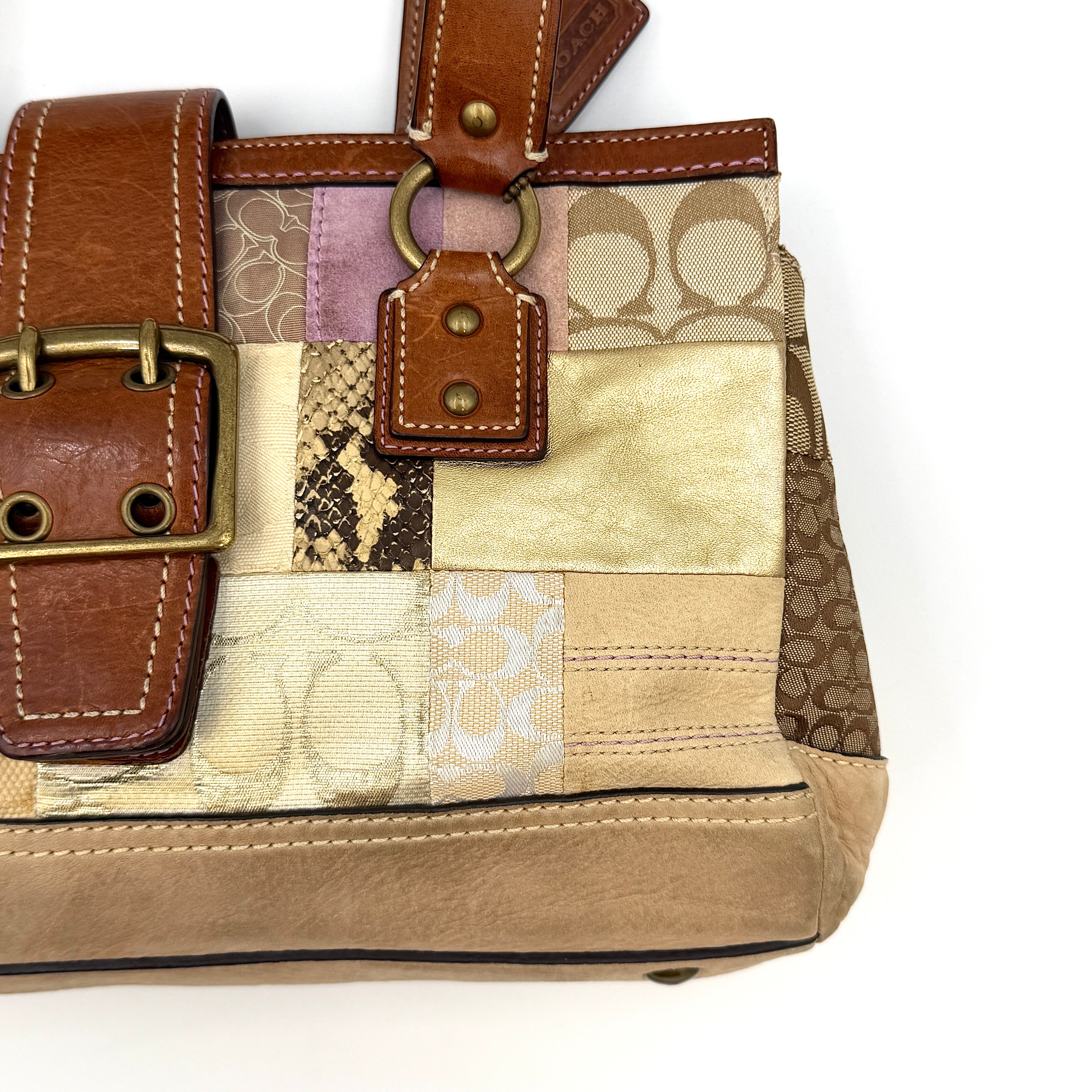 Coach Y2K Soho Patchwork shoulder bag in brown, gold and beige tones with mixed textile panels, caramel leather trim and brass hardware.