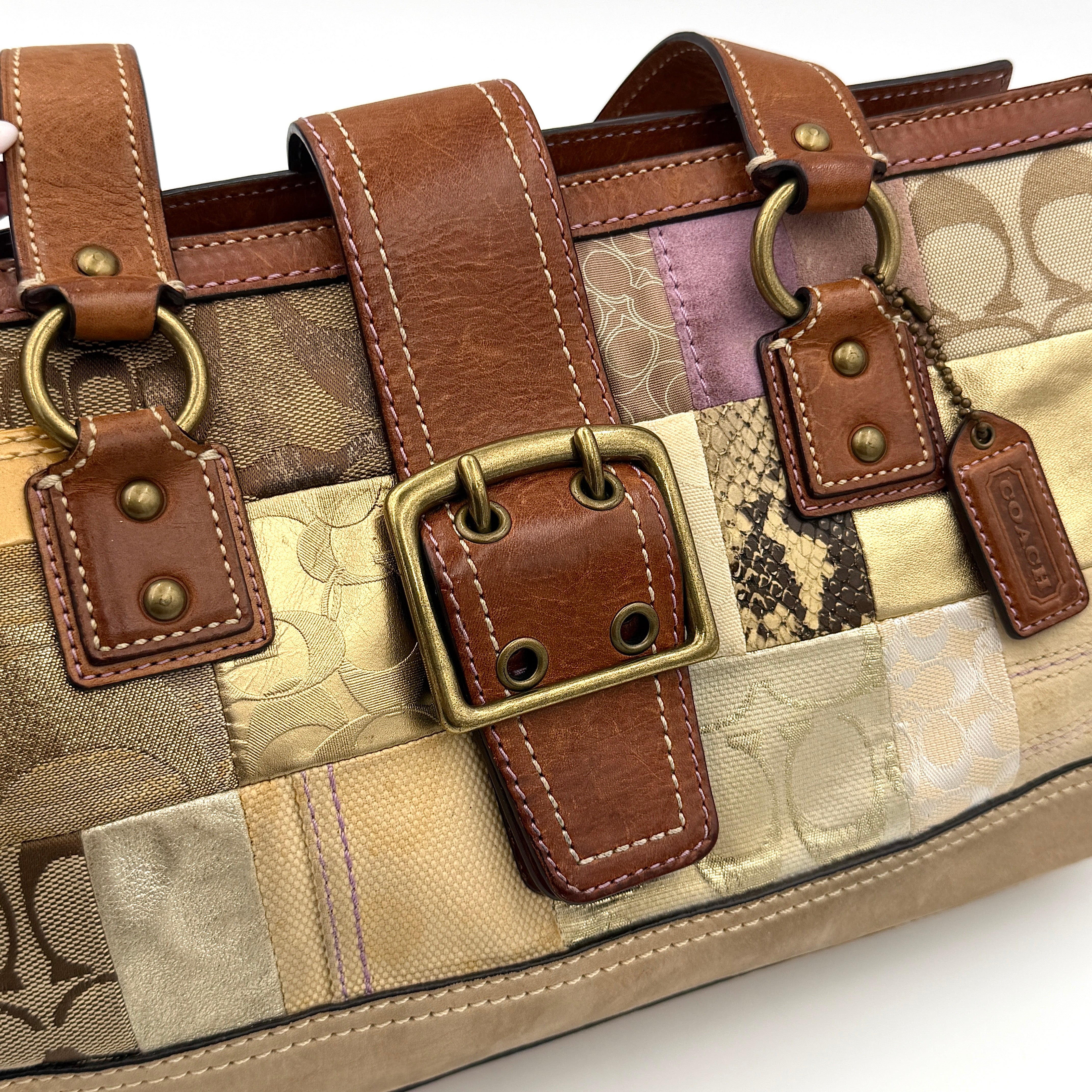 Coach Y2K Soho Patchwork shoulder bag in brown, gold and beige tones with mixed textile panels, caramel leather trim and brass hardware.