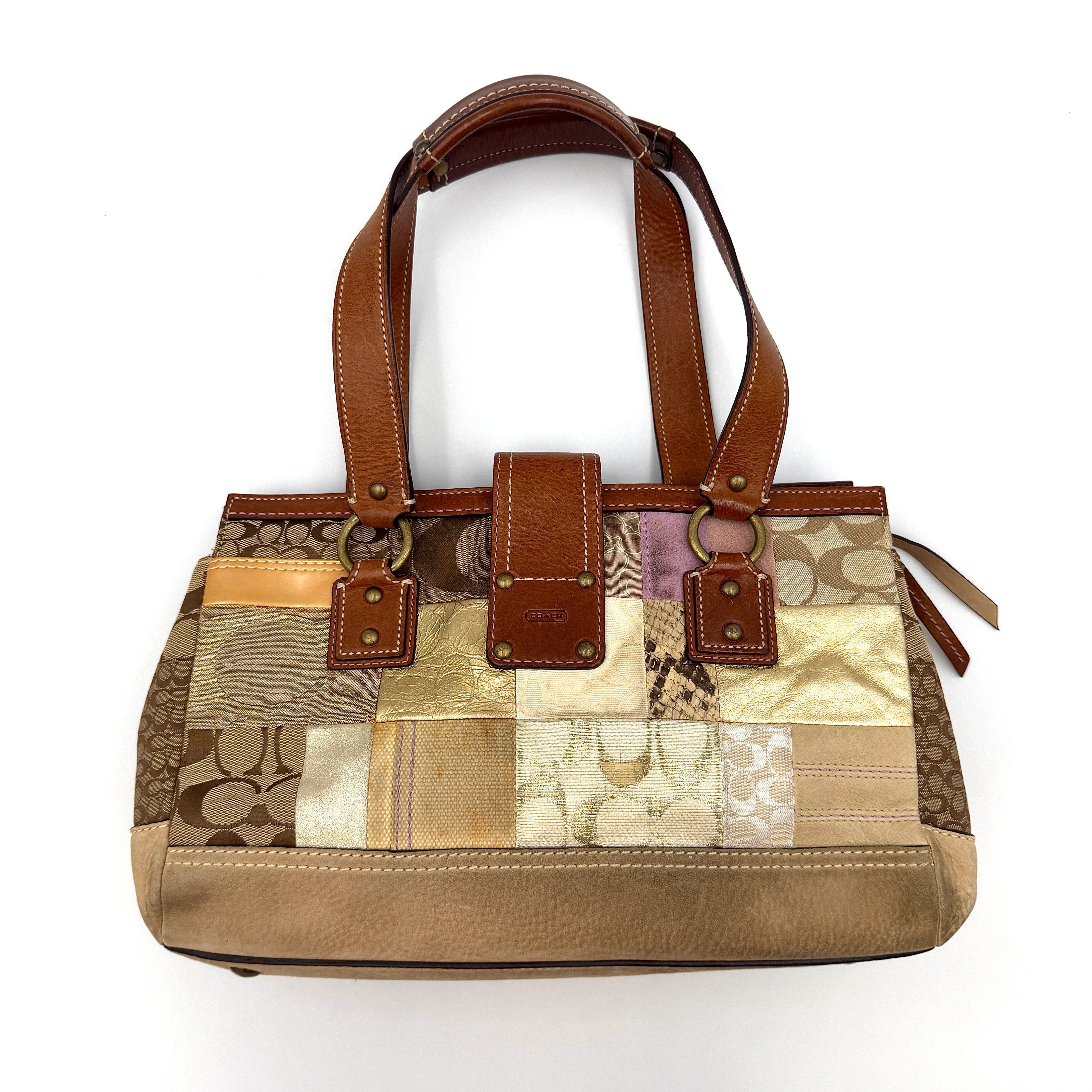 Coach Y2K Soho Patchwork shoulder bag in brown, gold and beige tones with mixed textile panels, caramel leather trim and brass hardware.