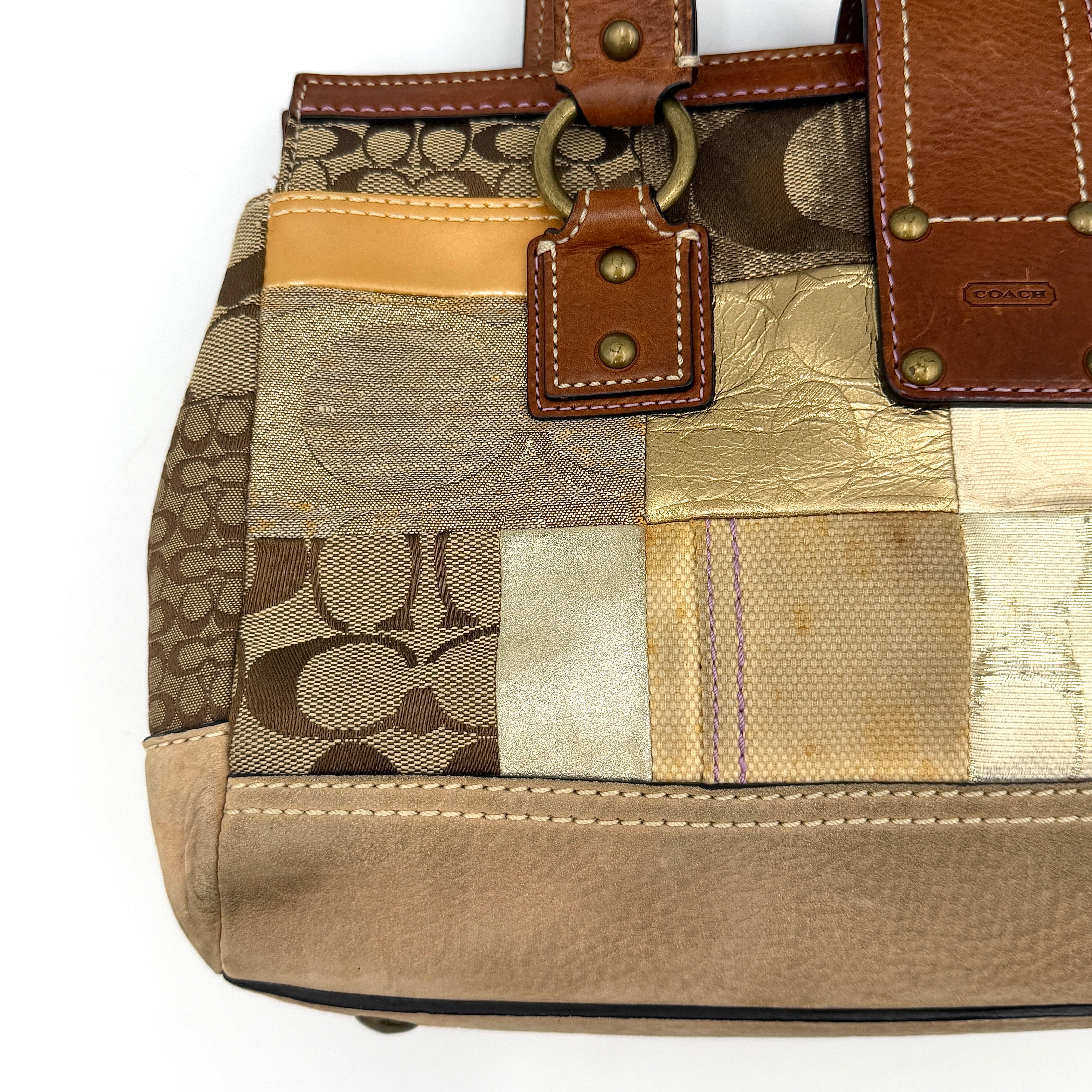 Coach Y2K Soho Patchwork shoulder bag in brown, gold and beige tones with mixed textile panels, caramel leather trim and brass hardware.