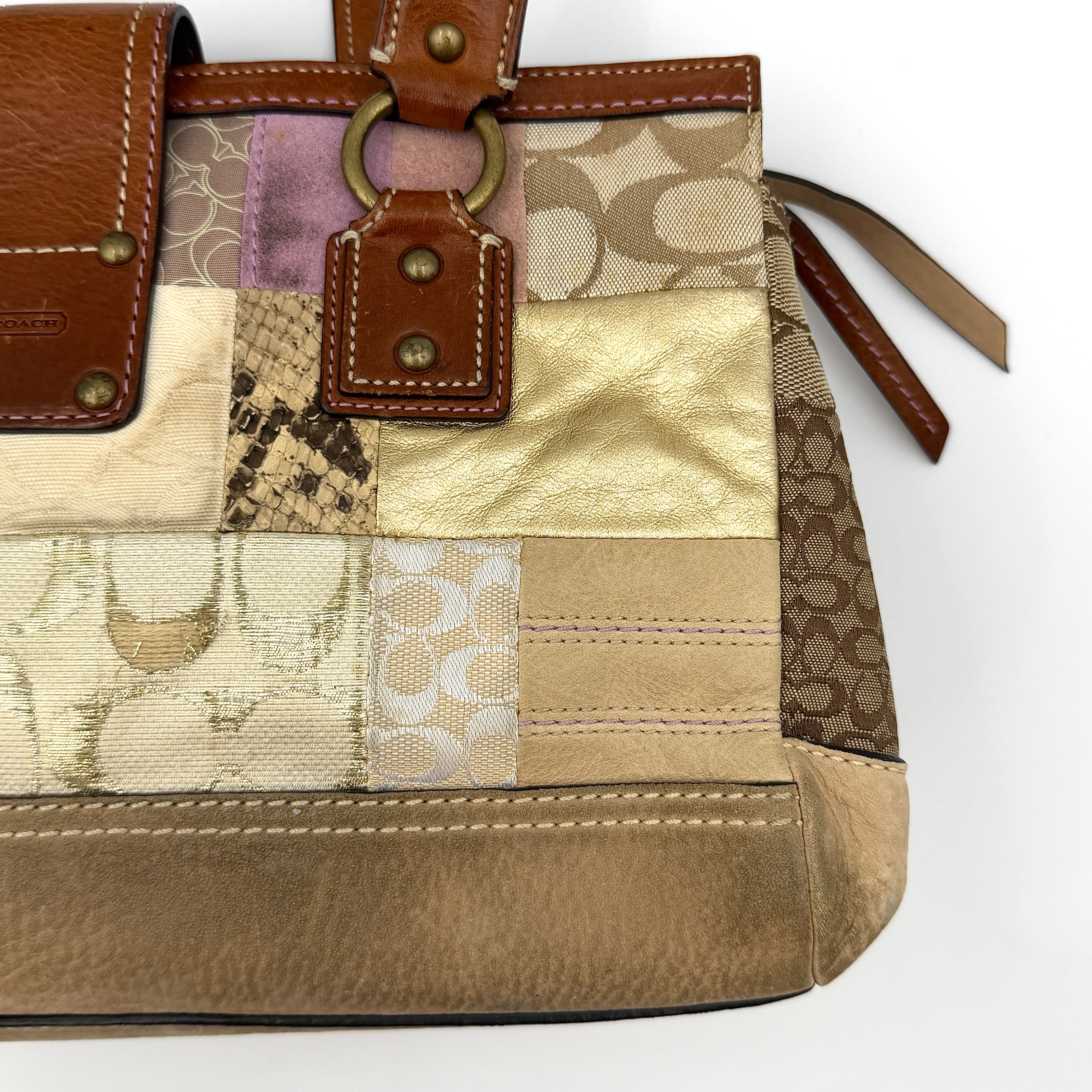 Coach Y2K Soho Patchwork shoulder bag in brown, gold and beige tones with mixed textile panels, caramel leather trim and brass hardware.