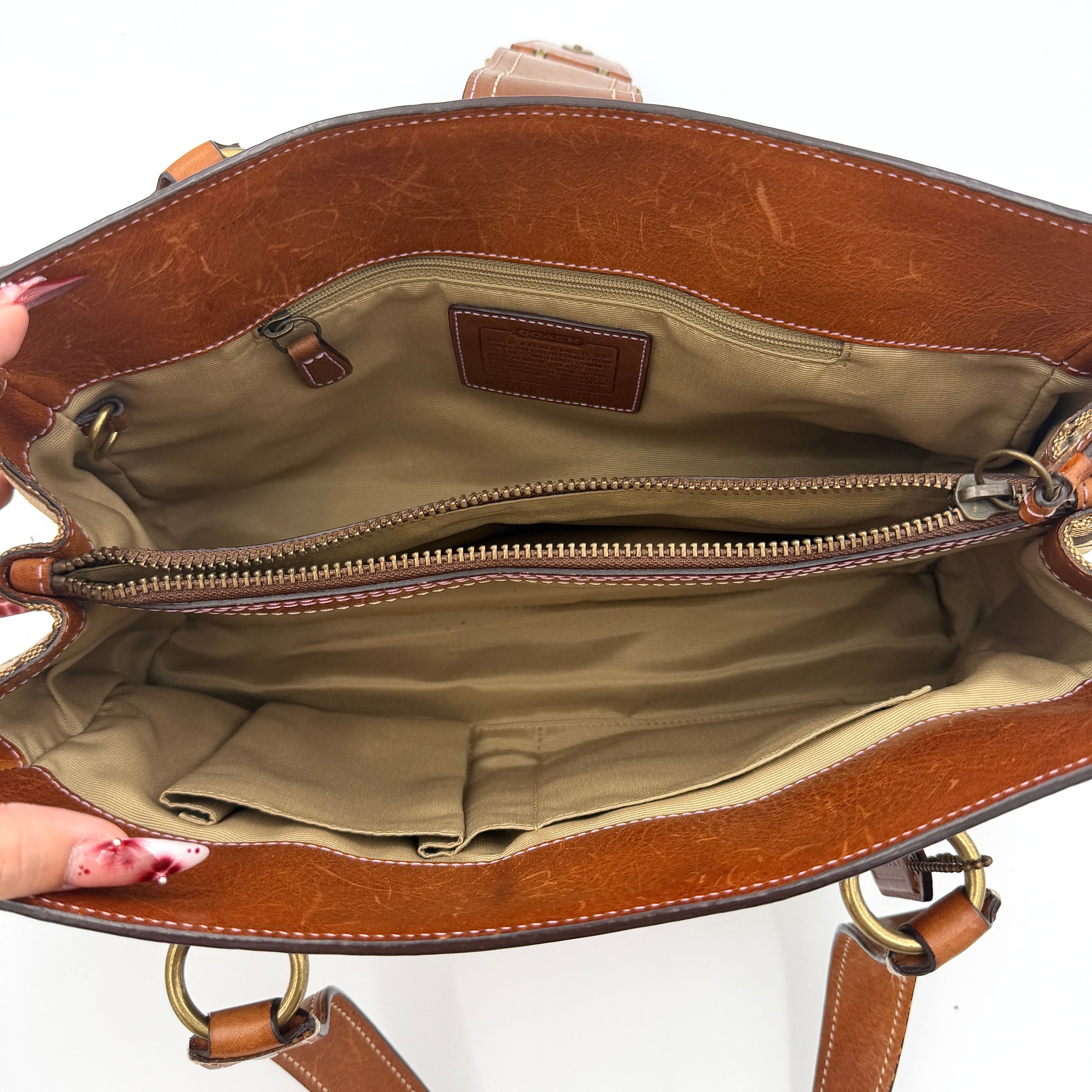 Coach Y2K Soho Patchwork shoulder bag in brown, gold and beige tones with mixed textile panels, caramel leather trim and brass hardware.