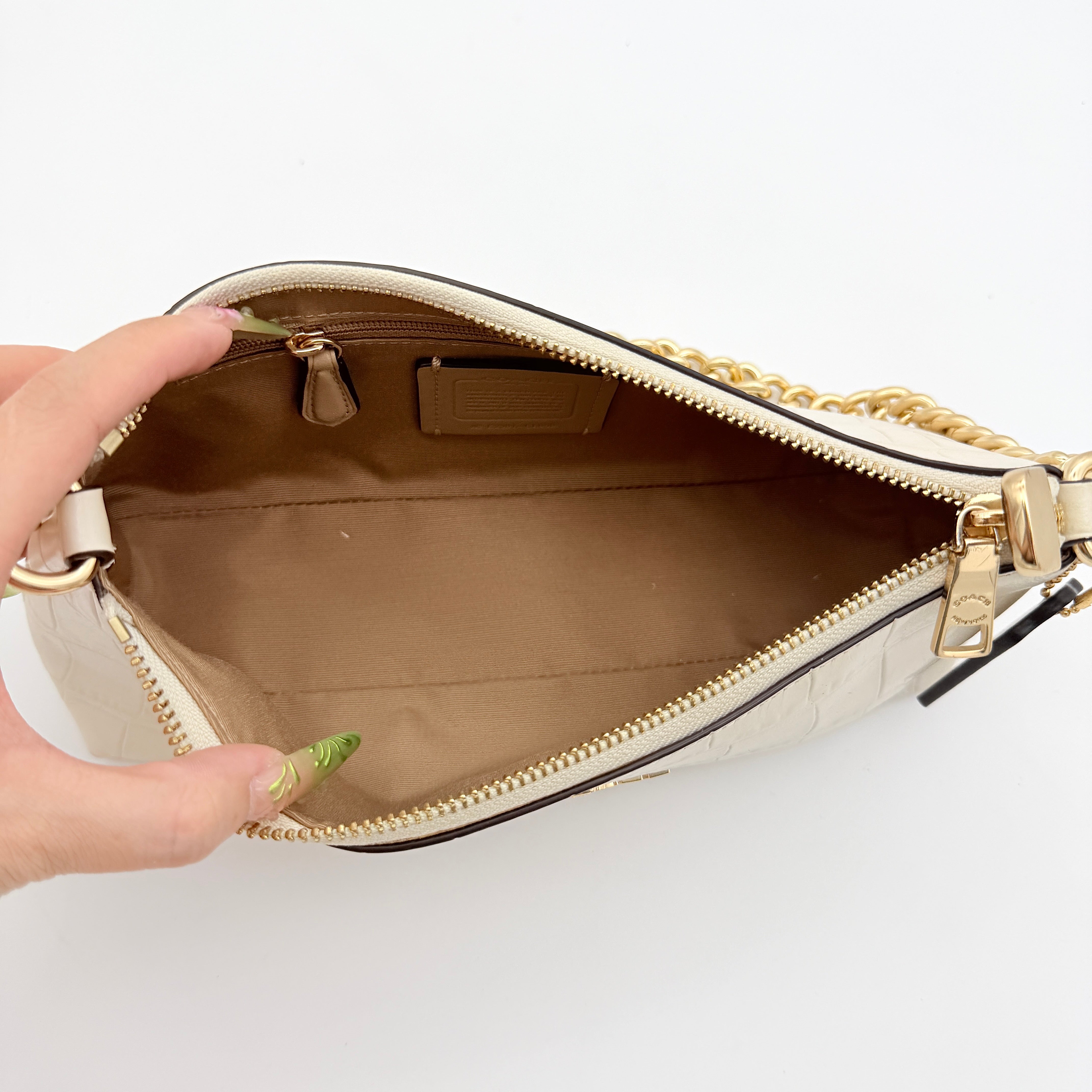Coach 2Way Charlotte Croc Embossed Chain Shoulder Bag Ivory