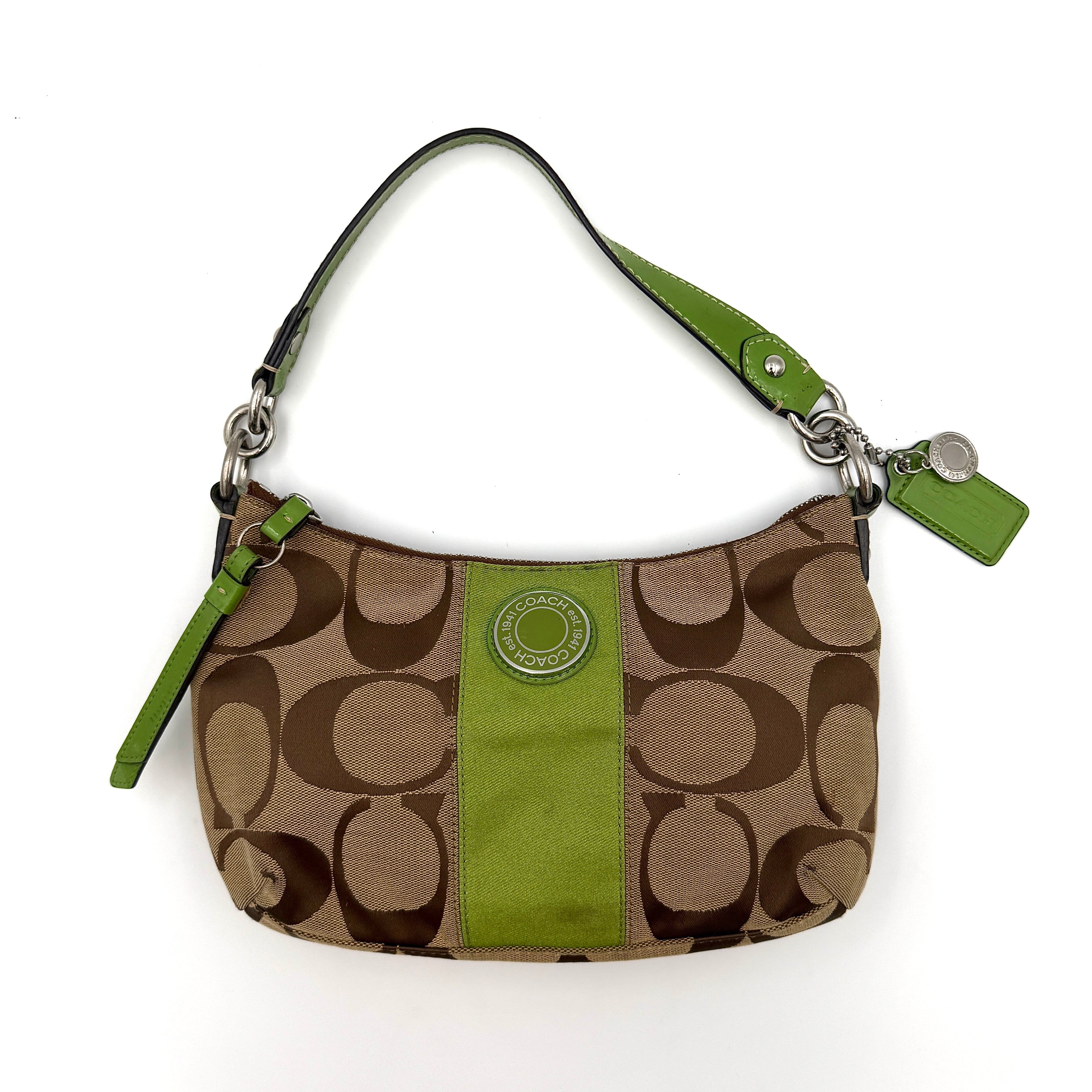 Coach 2Way Signature Stripe Shoulder Bag Beige/Green