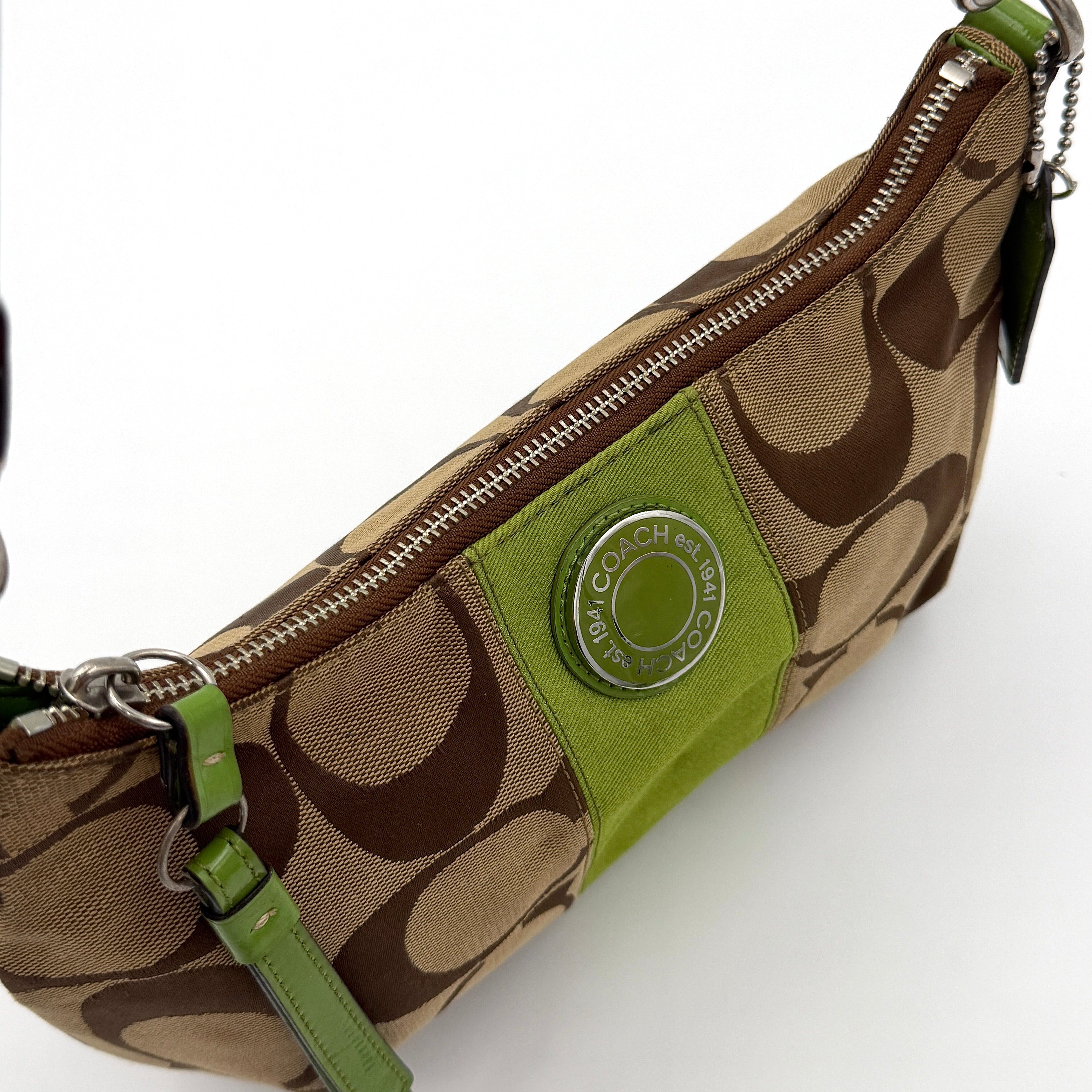 Coach 2Way Signature Stripe Shoulder Bag Beige/Green
