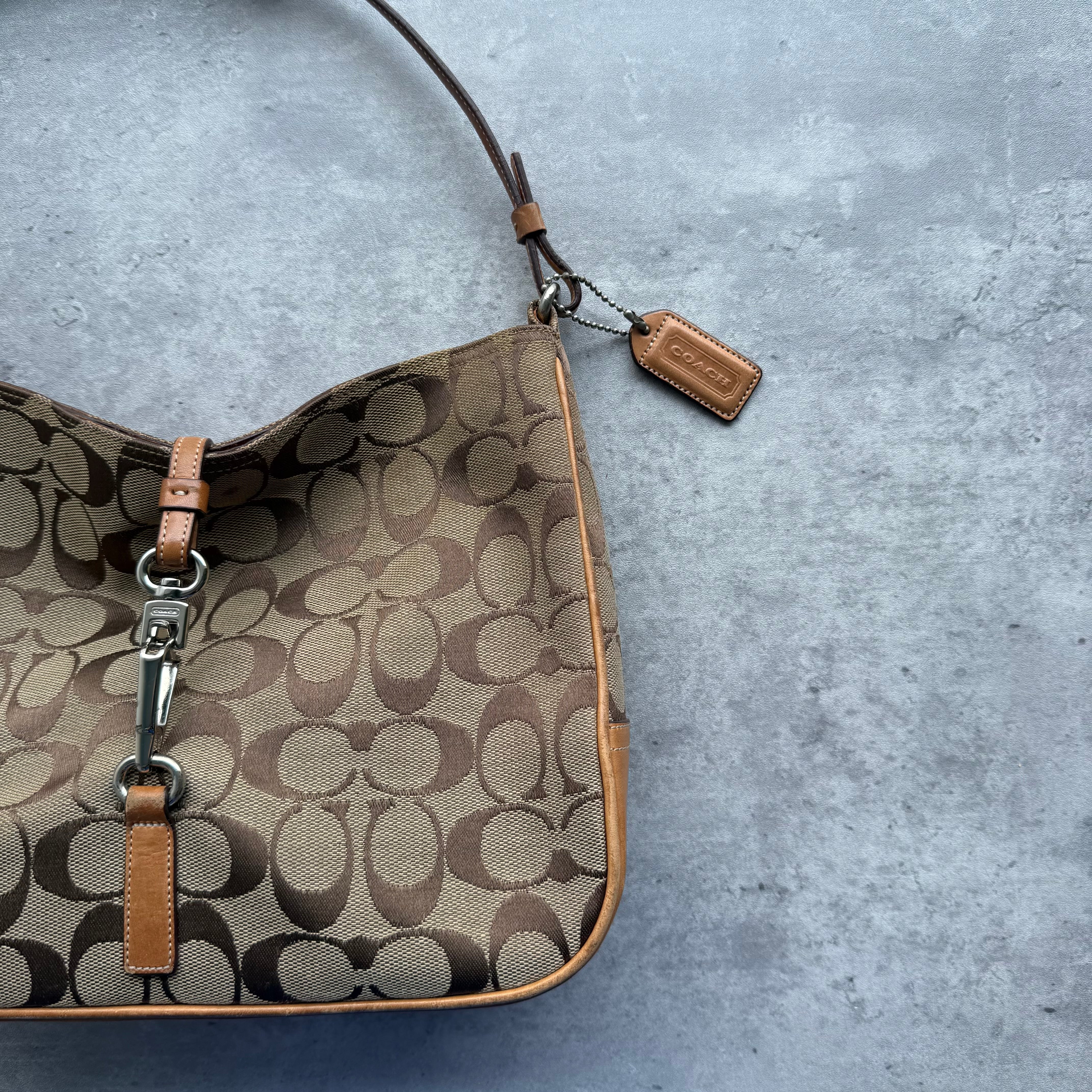 Coach Hobo Signature Clip Canvas Handbag Beige